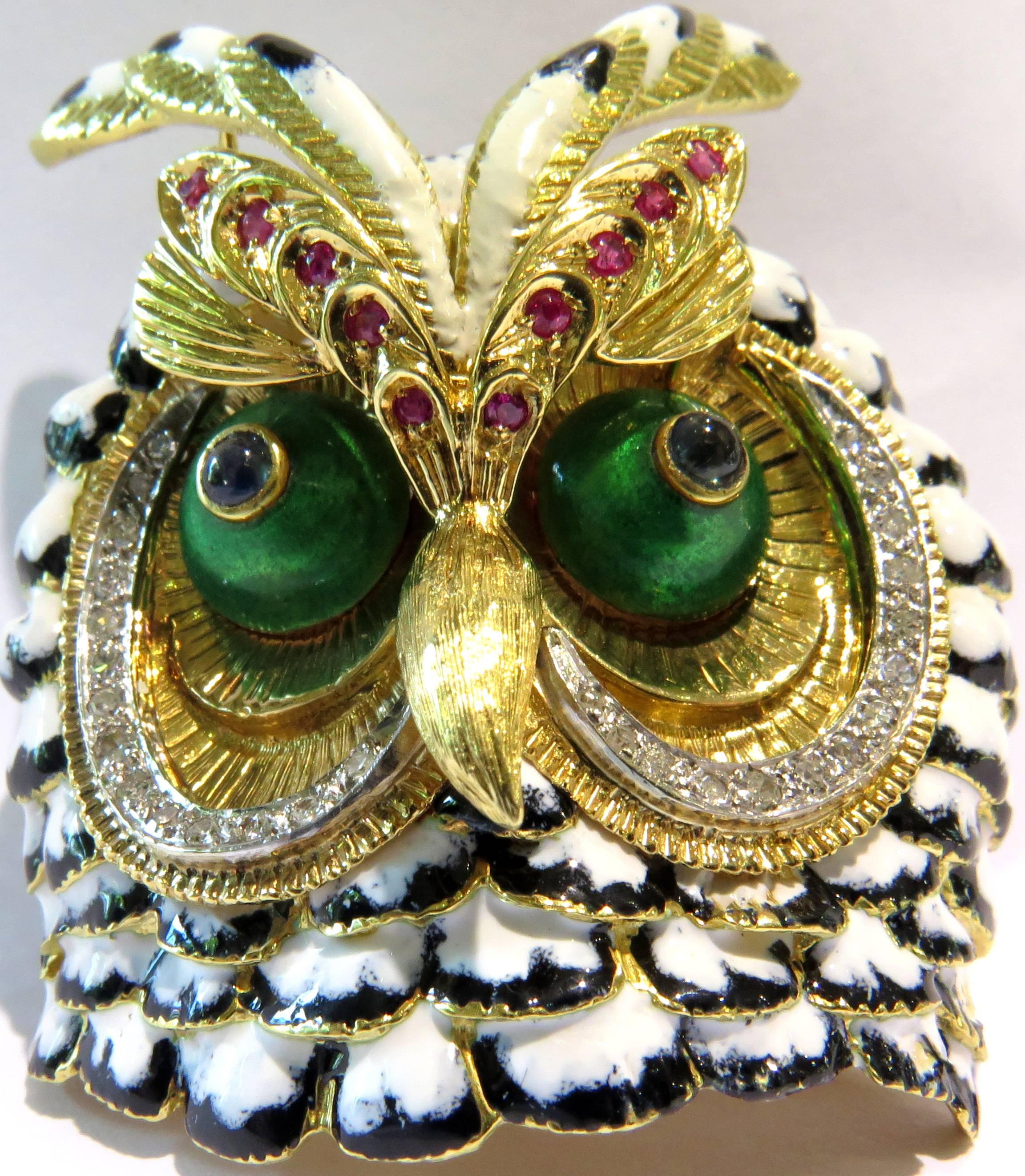 Spectacular Large Owl Pin Gold Enamel Sapphire Ruby Diamond Gold 3
