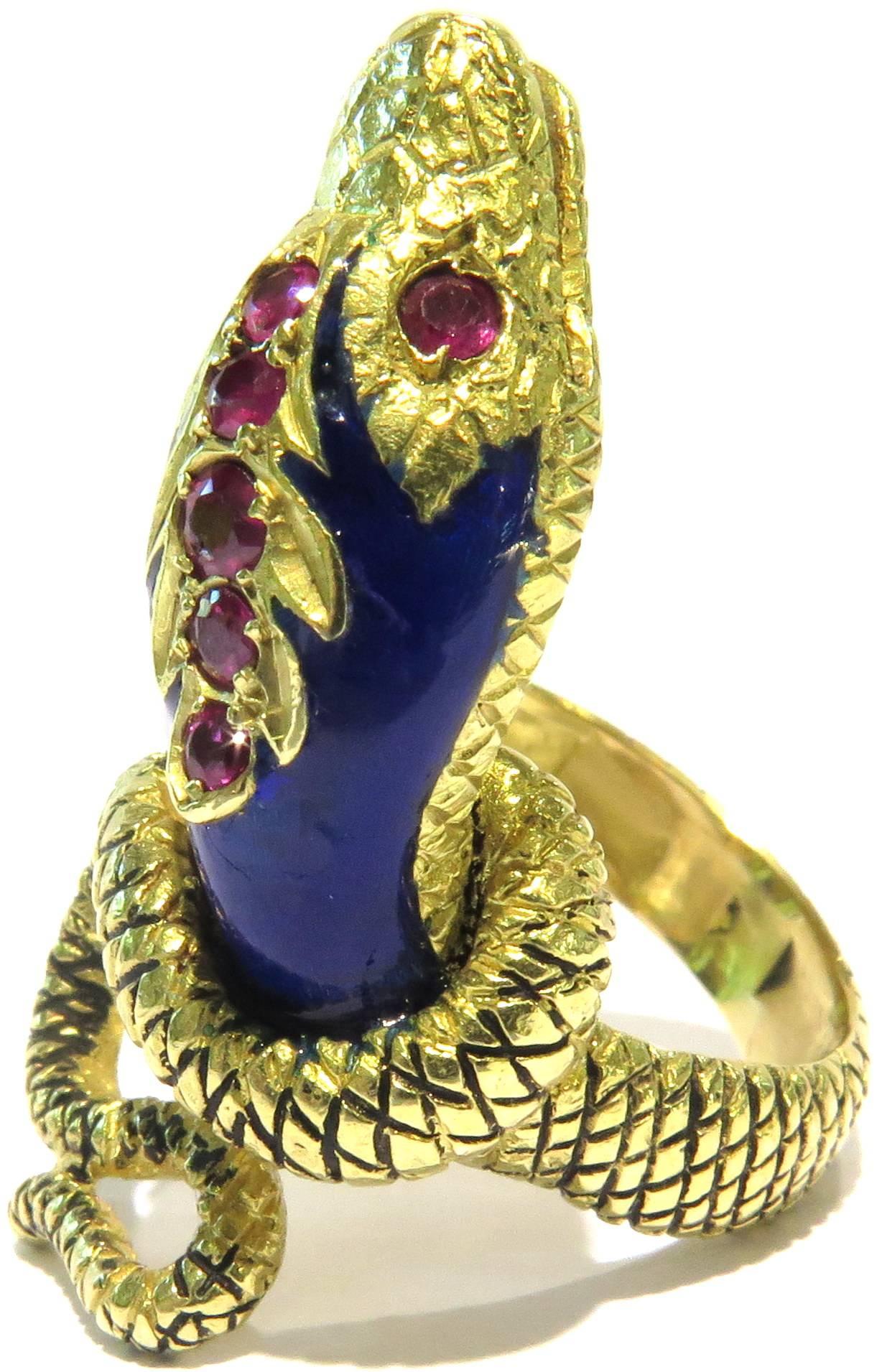 Women's or Men's Gold Snake Ring Extra Large Enamel Ruby