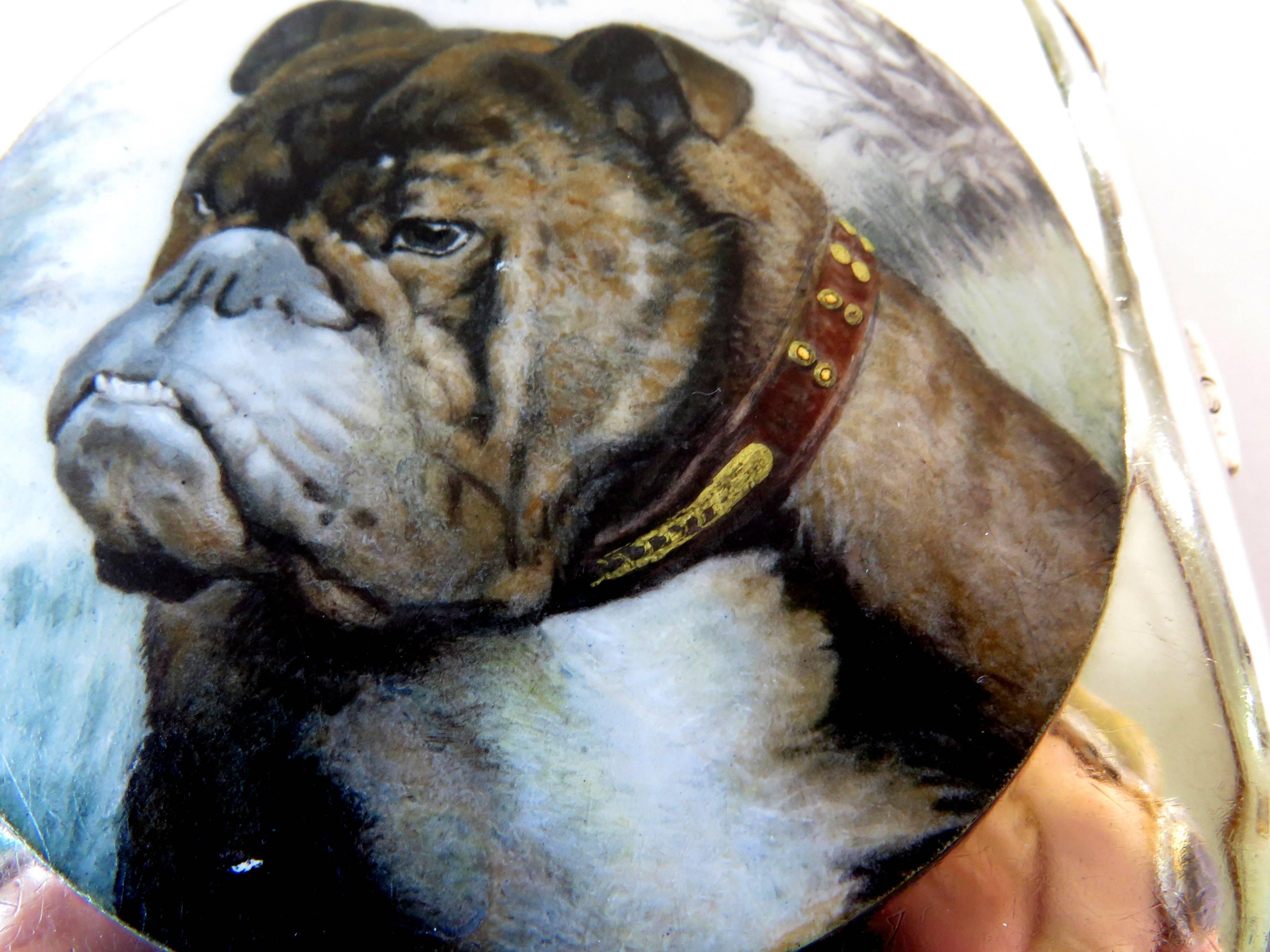 This wonderfully enameled bulldog box was originally a cigarette box, but it can be used for anything such as pill box, card case, Altoids container, etc.  It is made of 935 silver (high grade sterling silver) There are hallmarks on box, but they