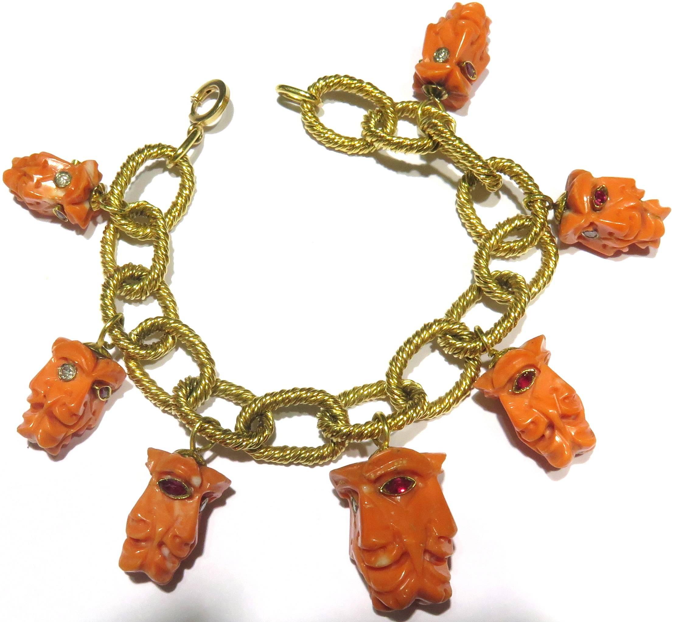 Carved Coral Ruby Diamond Faces Large Gold Link Bracelet In Excellent Condition In Palm Beach, FL
