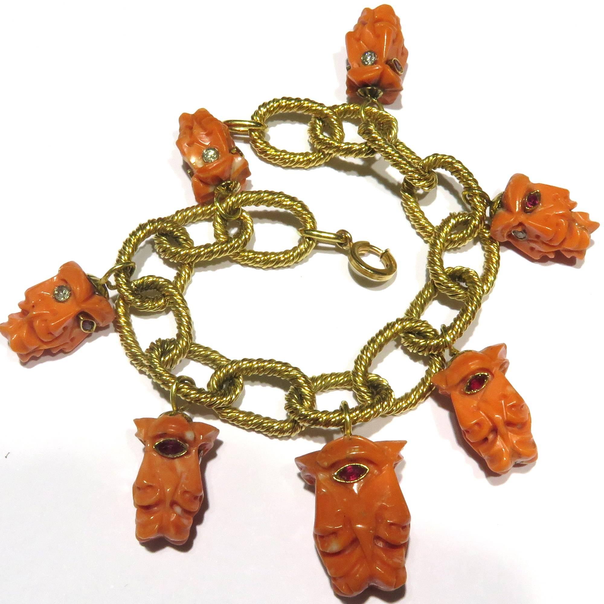 Carved Coral Ruby Diamond Faces Large Gold Link Bracelet 2