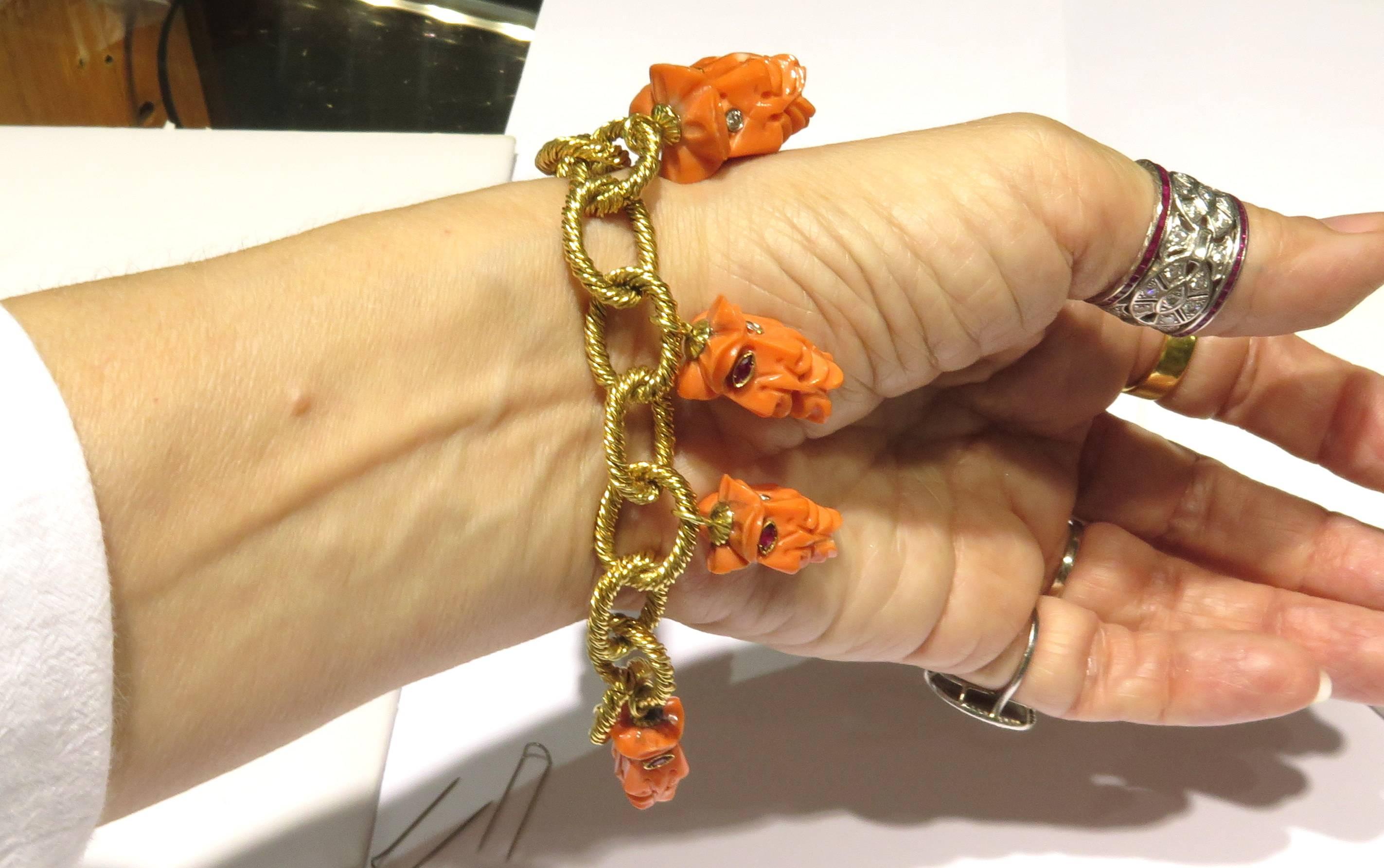 Carved Coral Ruby Diamond Faces Large Gold Link Bracelet 3