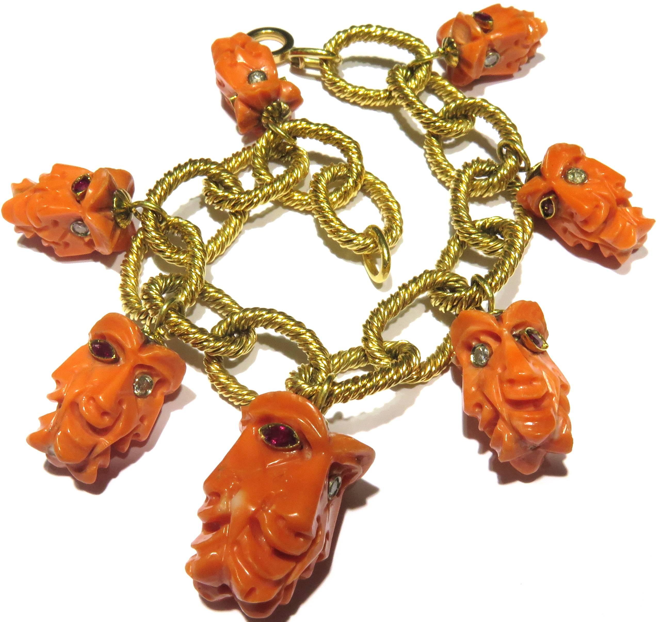 Carved Coral Ruby Diamond Faces Large Gold Link Bracelet 4