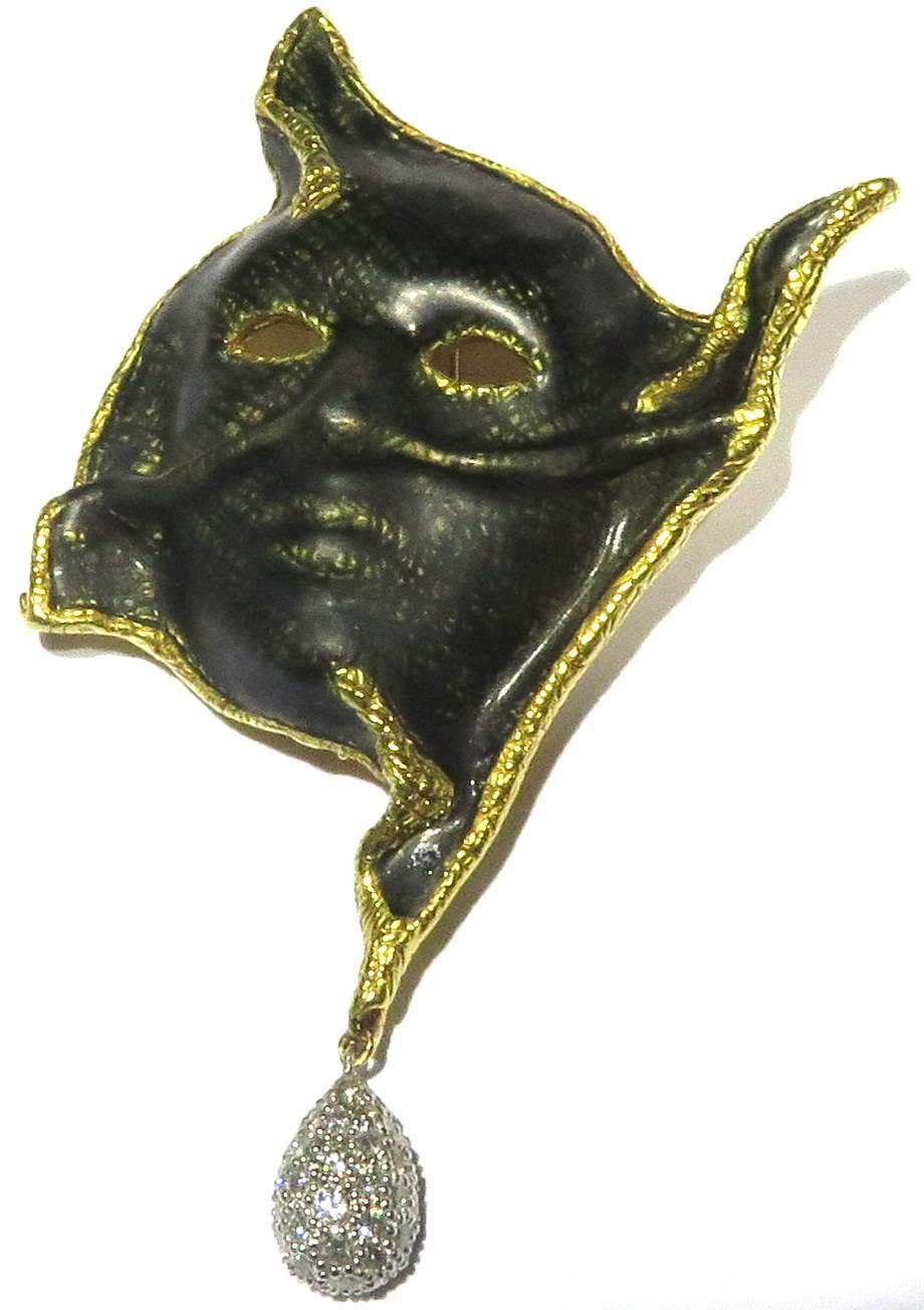 1999 Angela Cummings Oversized Gold Platinum Diamond Enamel Large Mask Brooch  For Sale 1