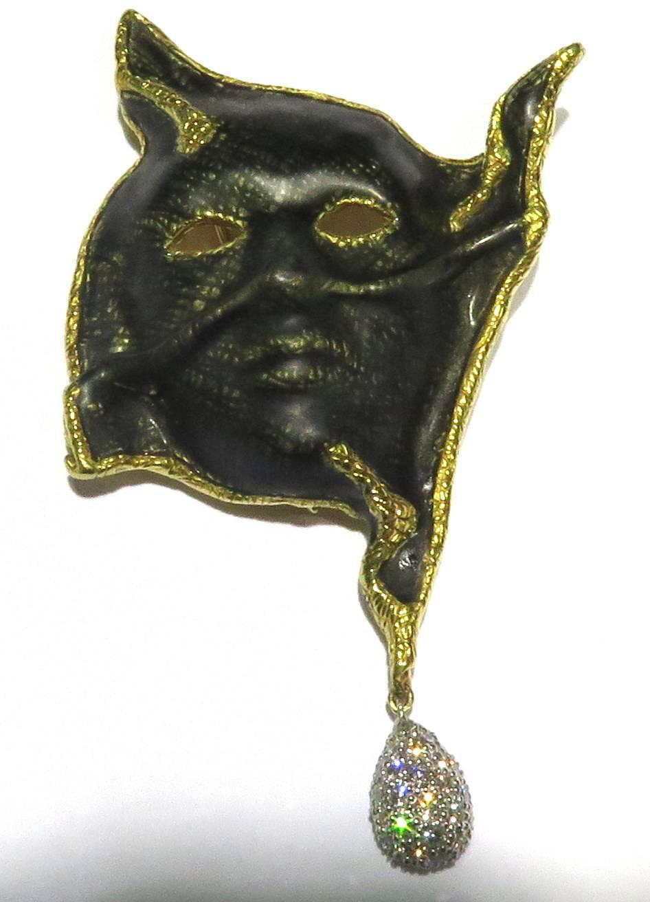 1999 Angela Cummings Oversized Gold Platinum Diamond Enamel Large Mask Brooch  For Sale 3