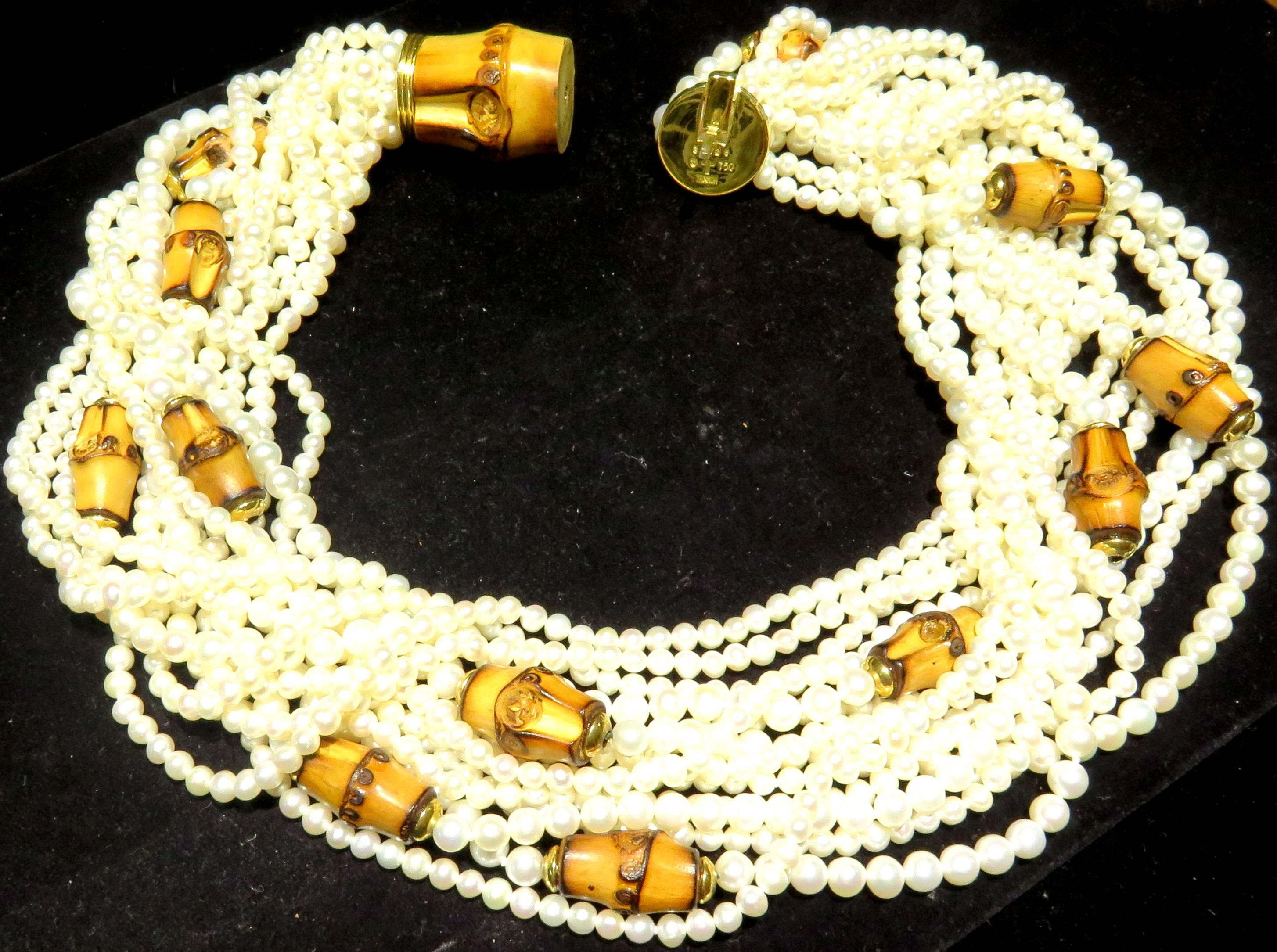 Trianon Pearl Bamboo Gold Multi Strand Necklace In Excellent Condition In Palm Beach, FL