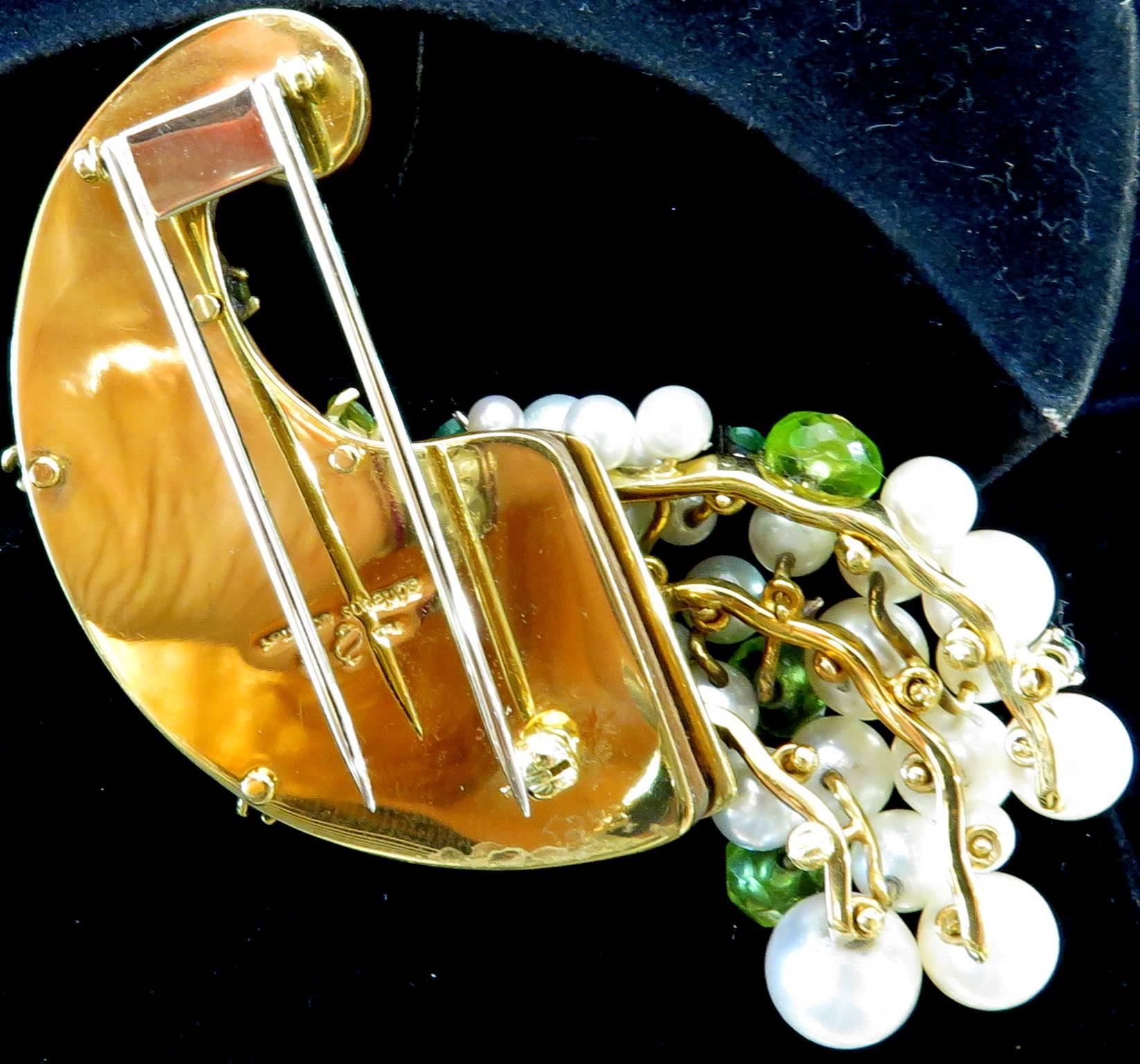 Seaman Schepps Rare Movable Pearl Peridot Emerald Diamond Cornucopia Brooch Pin For Sale 1