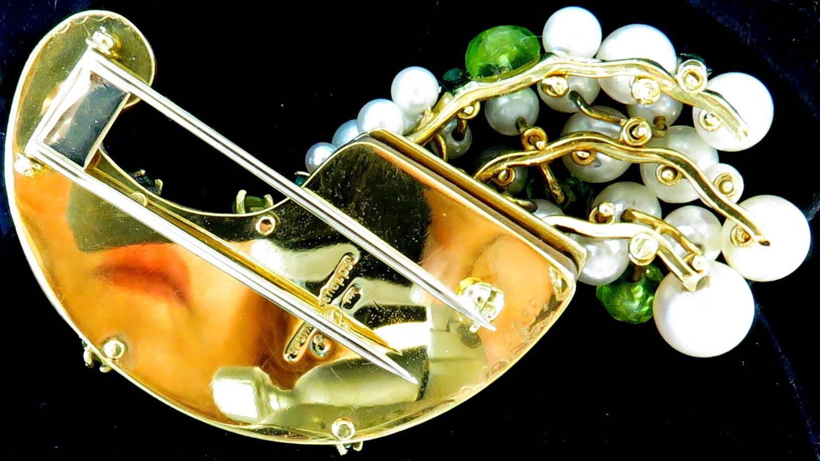 Women's or Men's Seaman Schepps Rare Movable Pearl Peridot Emerald Diamond Cornucopia Brooch Pin For Sale