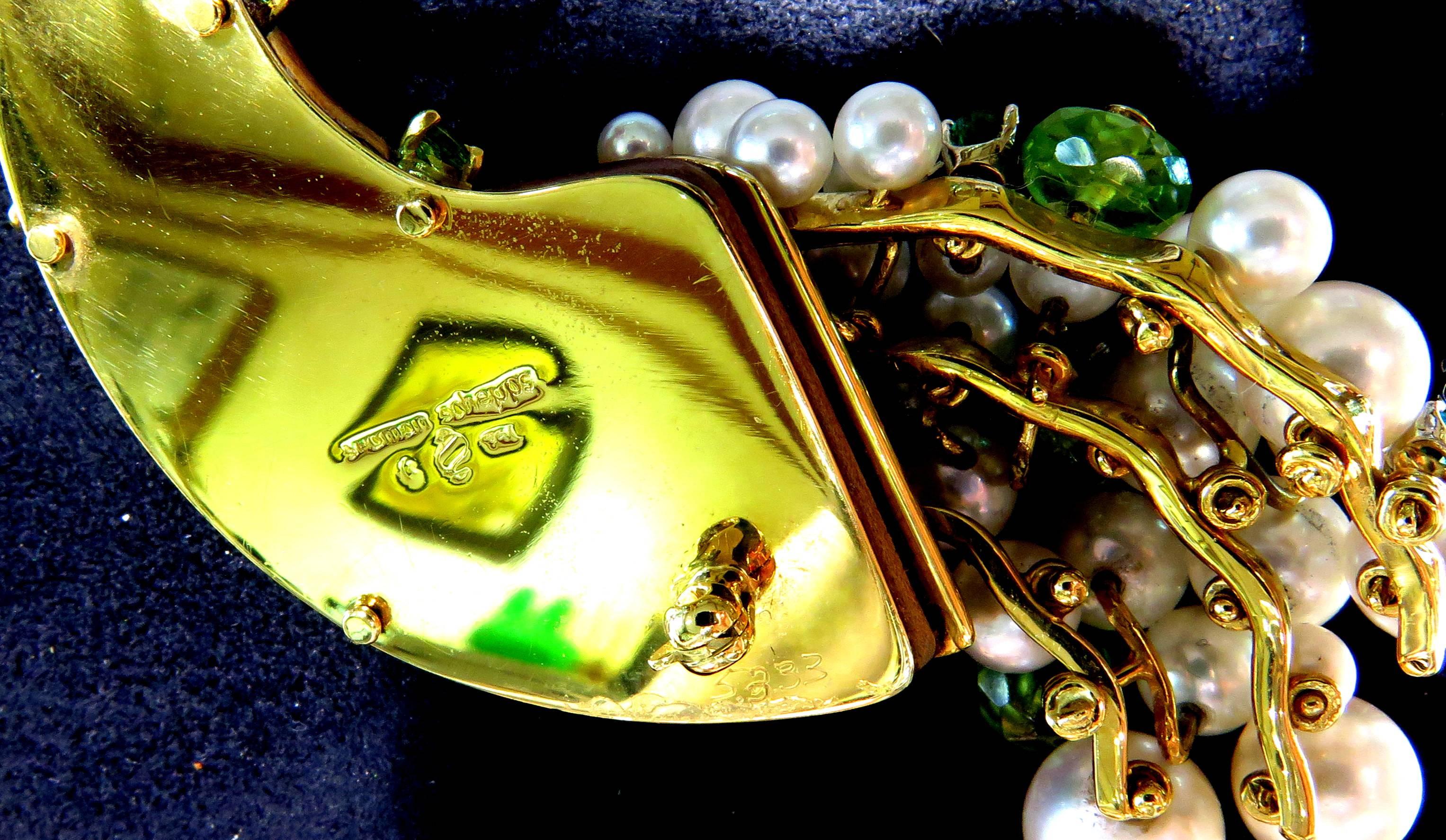 Seaman Schepps Rare Movable Pearl Peridot Emerald Diamond Cornucopia Brooch Pin For Sale 2