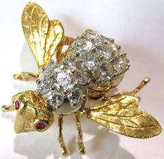 Herbert Rosenthal Bee Pin Ruby Diamond Gold Brooch