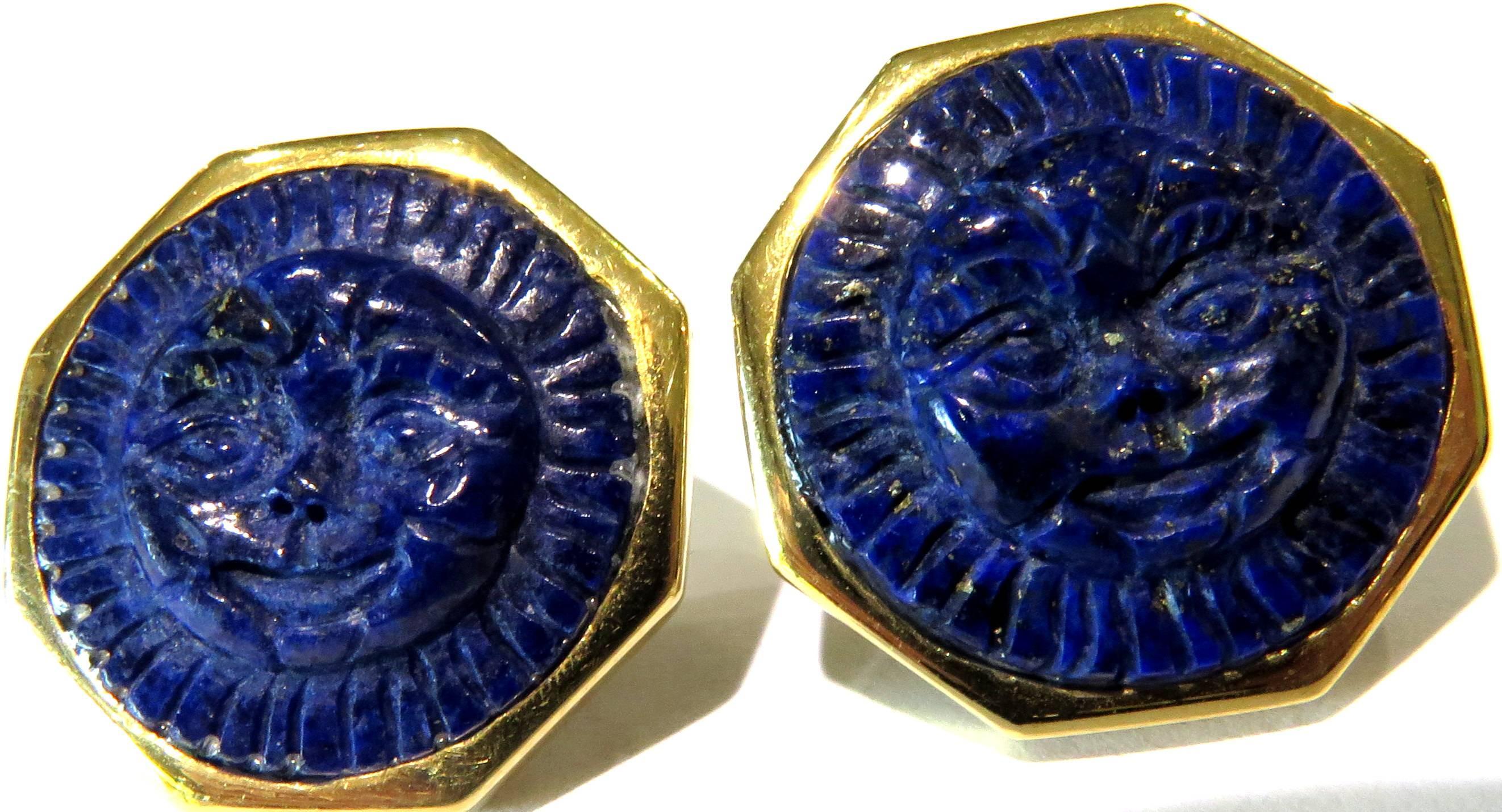 Lapis Lazuli Earrings Hand-Carved Sun Face Gold Octagonal Bezel In Excellent Condition In Palm Beach, FL