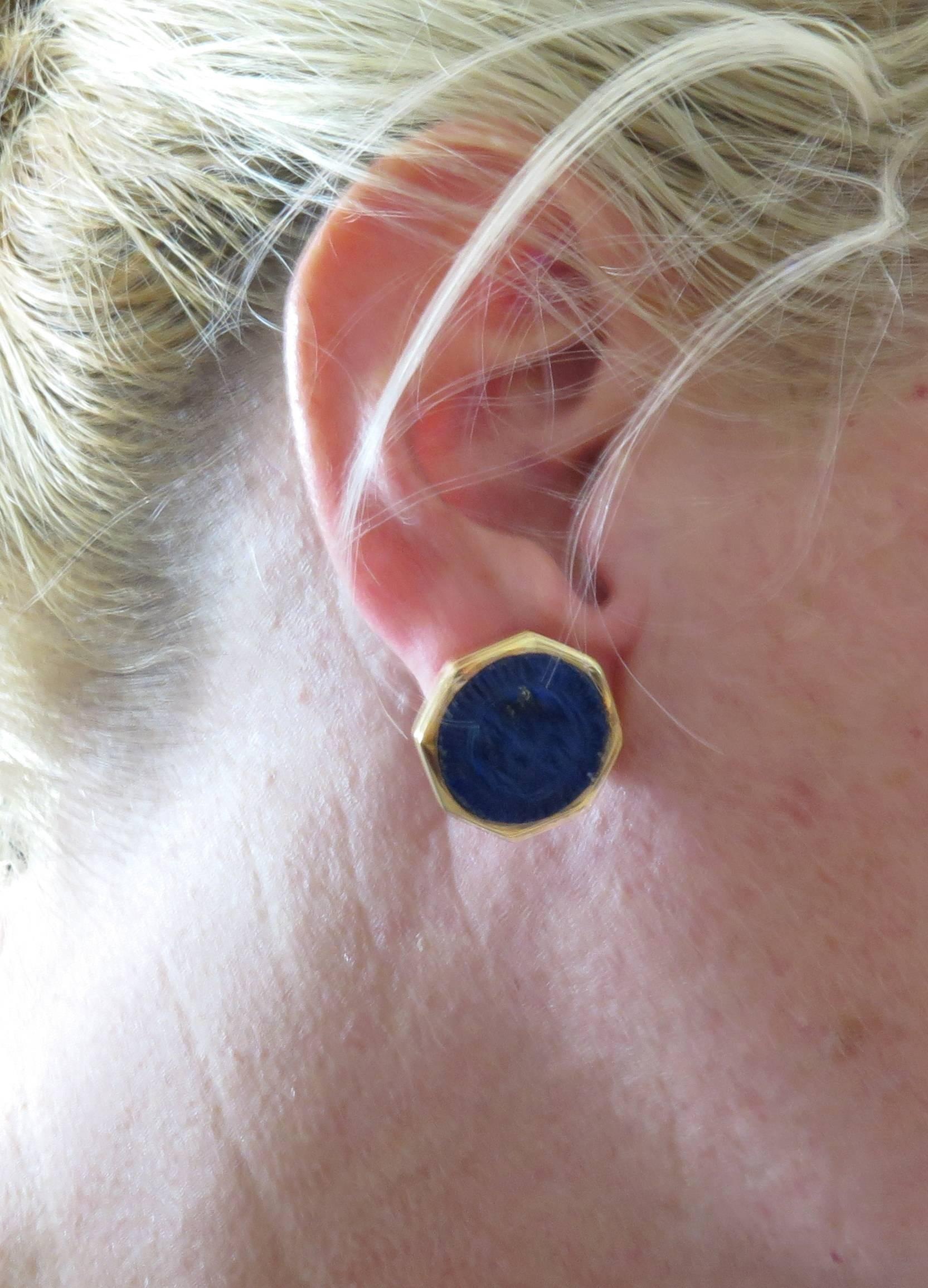 Women's or Men's Lapis Lazuli Earrings Hand-Carved Sun Face Gold Octagonal Bezel
