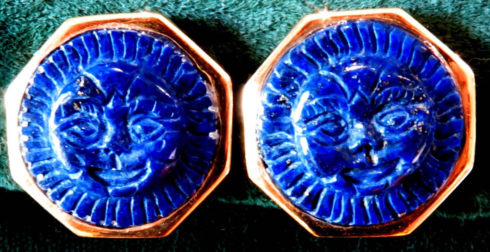 Lapis Lazuli Earrings Hand-Carved Sun Face Gold Octagonal Bezel 2