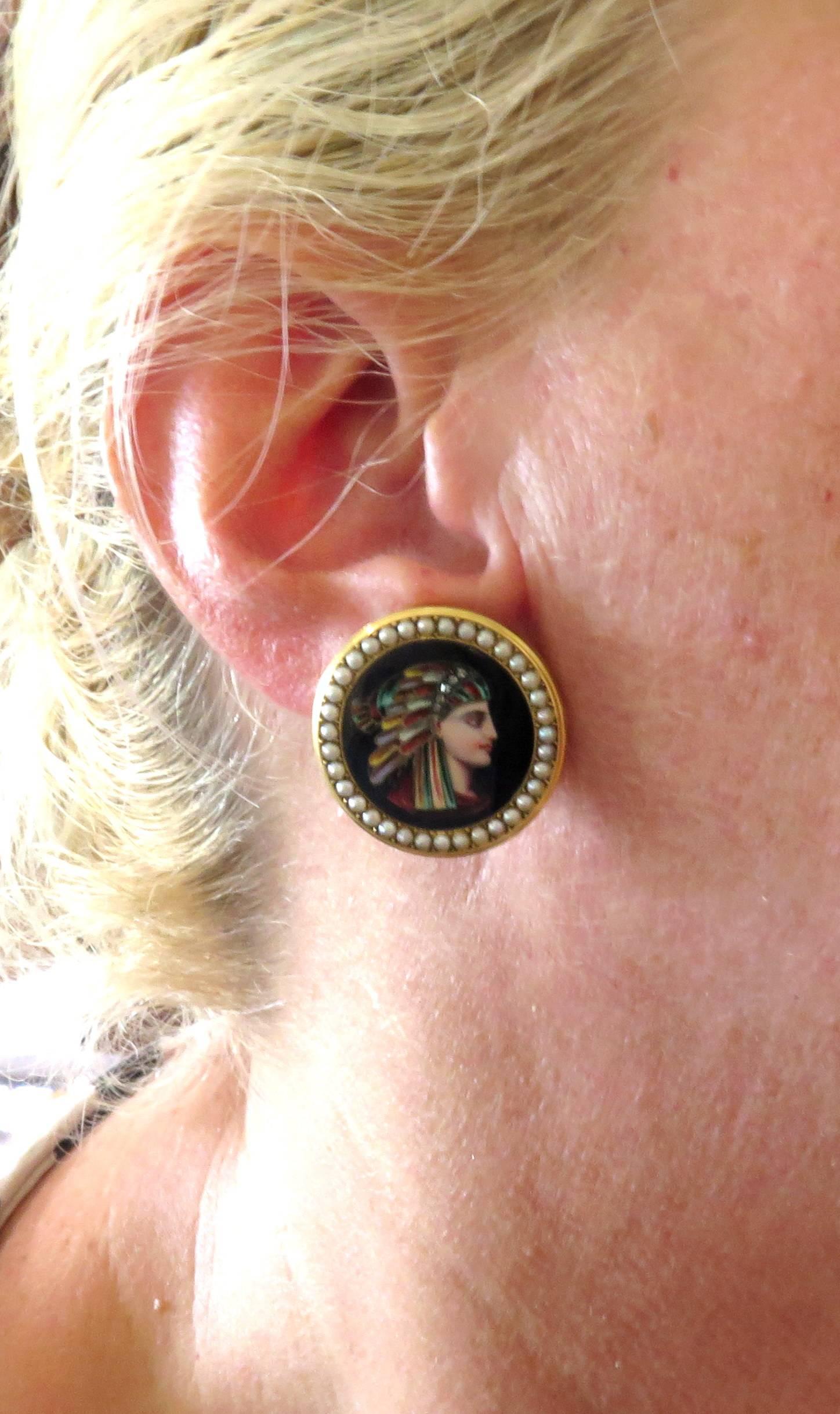 Spectacular Polychrome Enamel Pearl Diamond Gold Egyptian Revival Post Earring 2