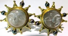 Elizabeth Locke Carved Moonstone Moon Face Pearl Gold Earrings