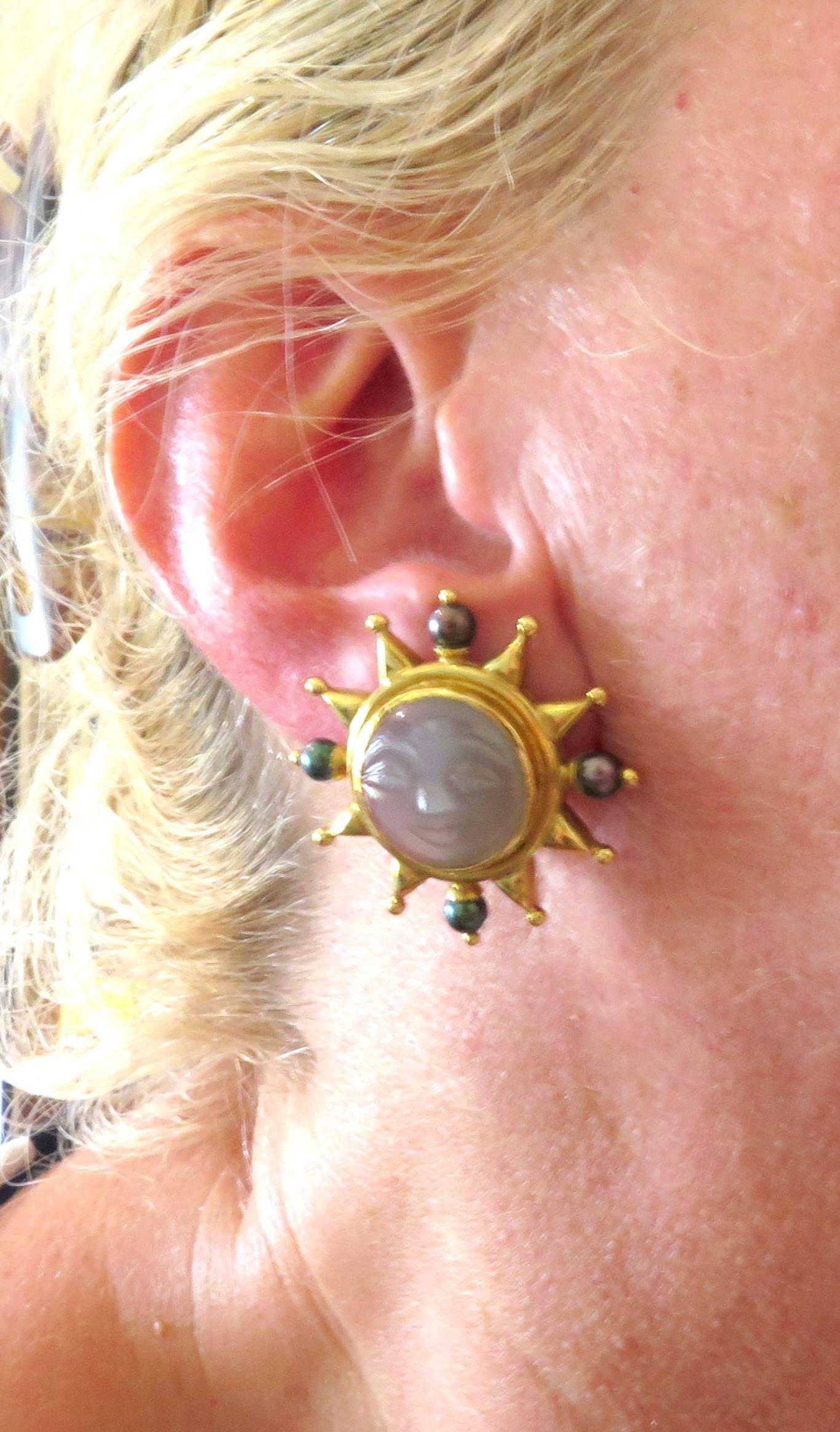 Elizabeth Locke Carved Moonstone Moon Face Pearl Gold Earrings 1