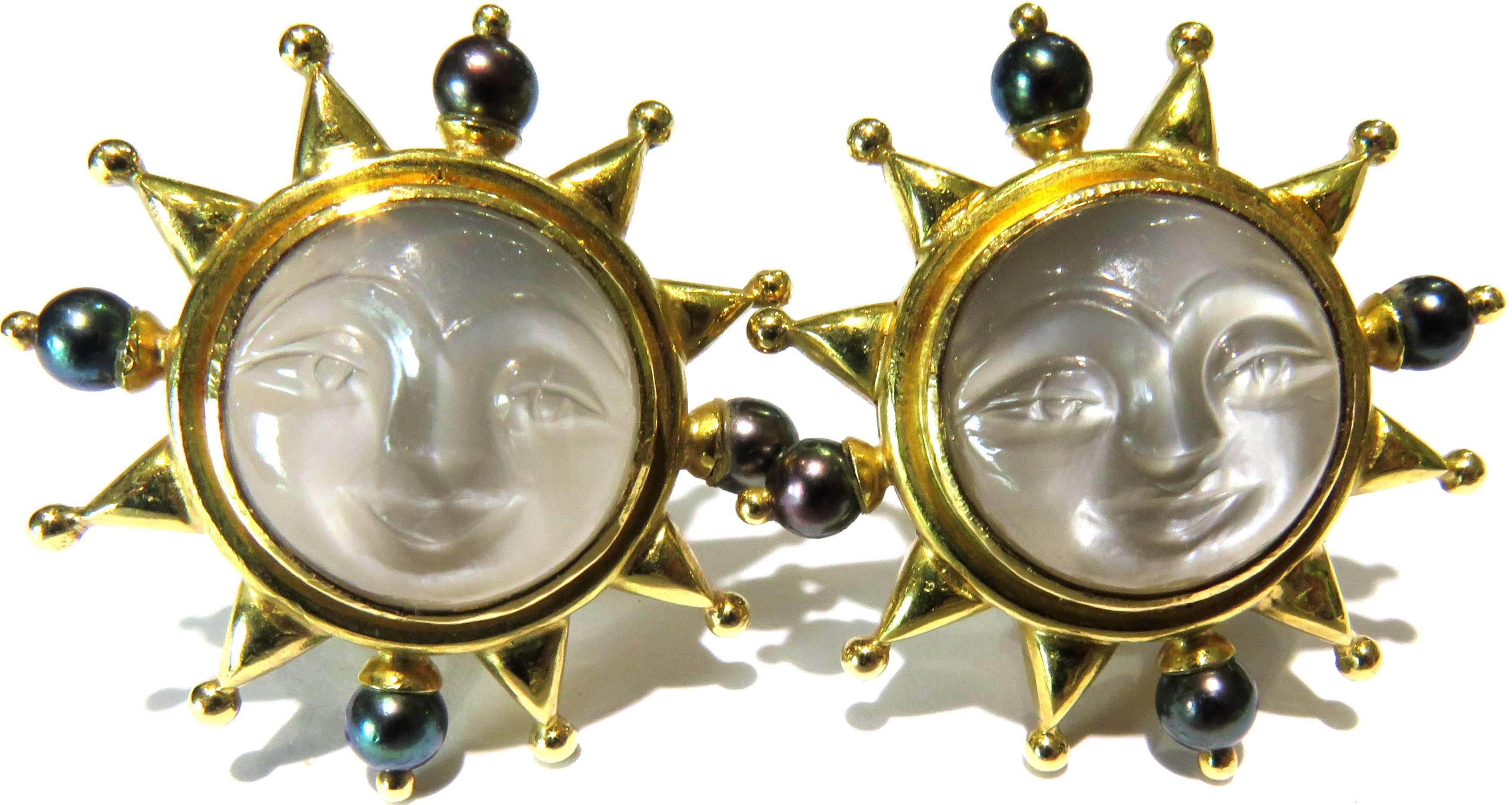 Elizabeth Locke Carved Moonstone Moon Face Pearl Gold Earrings 2