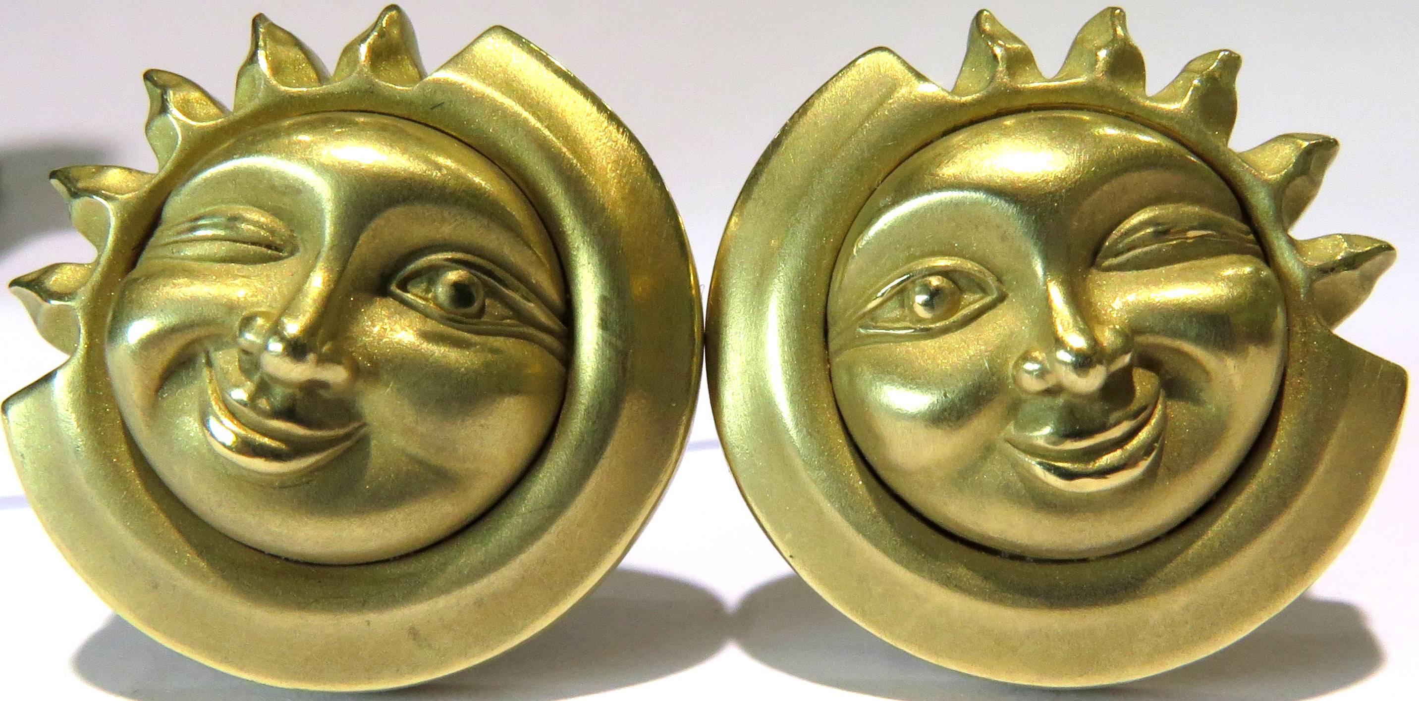 These happy 18k sun/moon earrings will surely keep you smiling! They are signed Kieselstein Cord 1990 with the signature moon & star stamp. These earrings have posts that can easily be bent down to make into clip ons if desired. 
These earrings