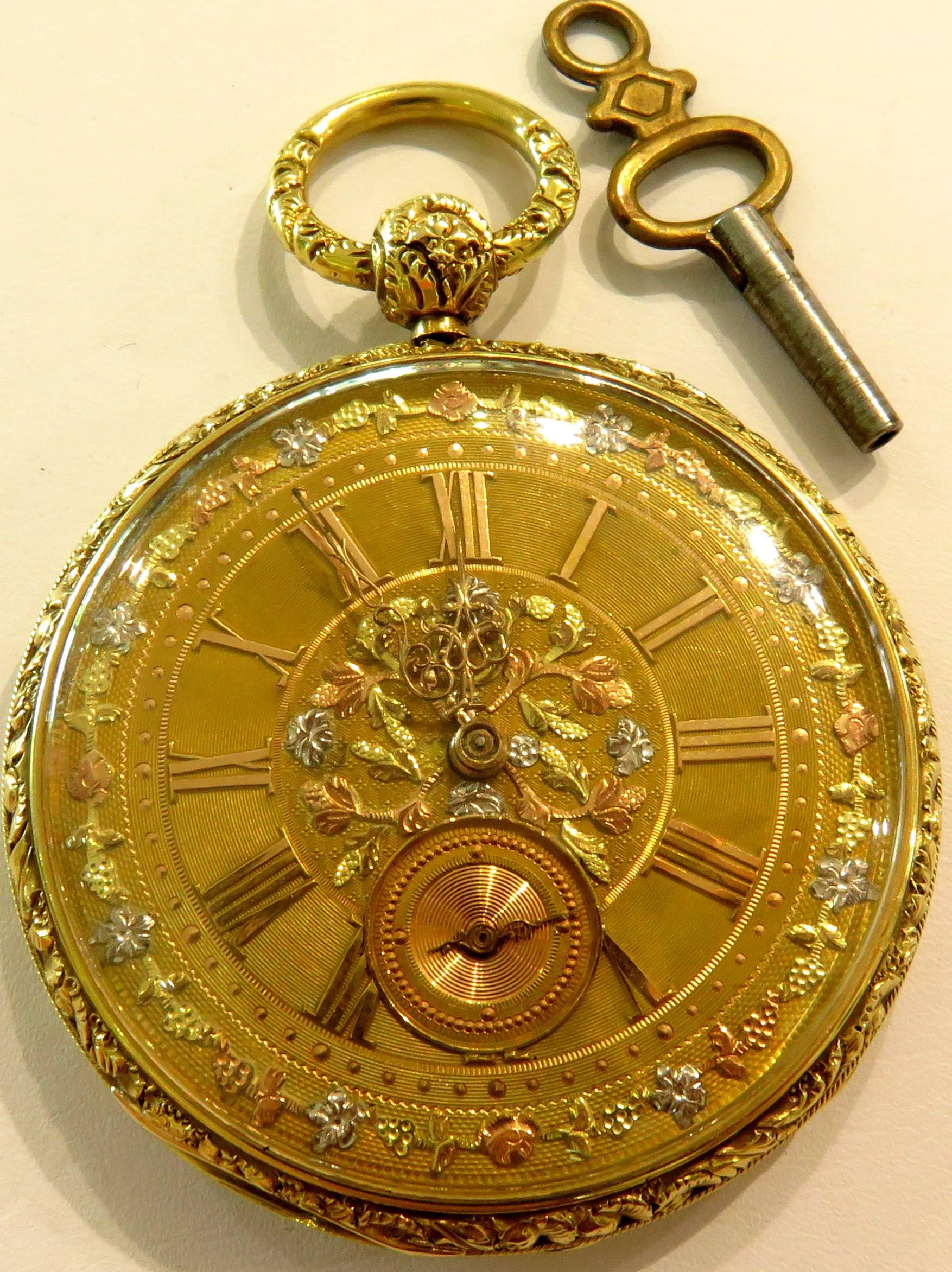 Women's or Men's Dramatic French Tricolor Gold Key Wind Pocket Watch Pendant Non-Working 