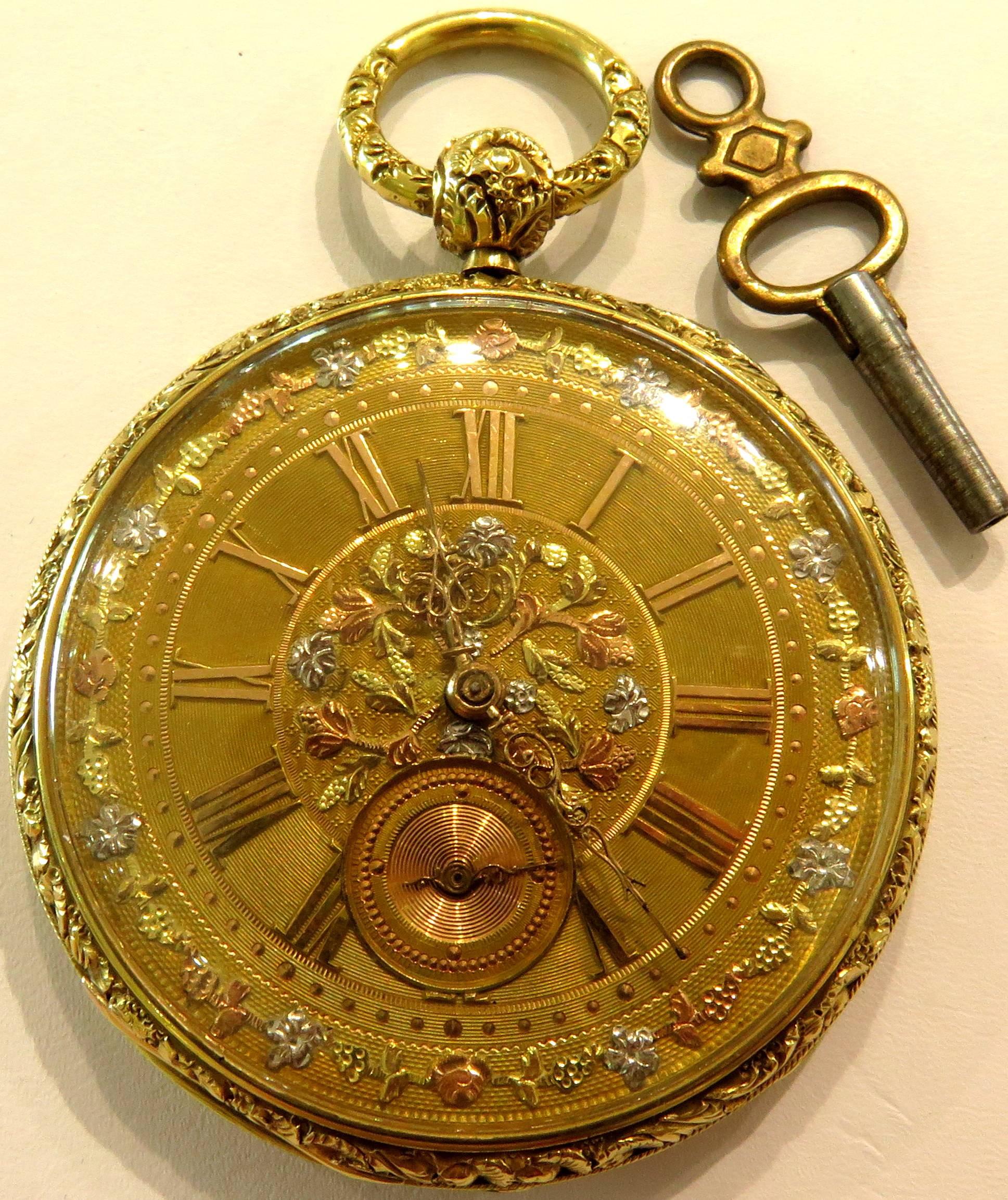 Dramatic French Tricolor Gold Key Wind Pocket Watch Pendant Non-Working  4