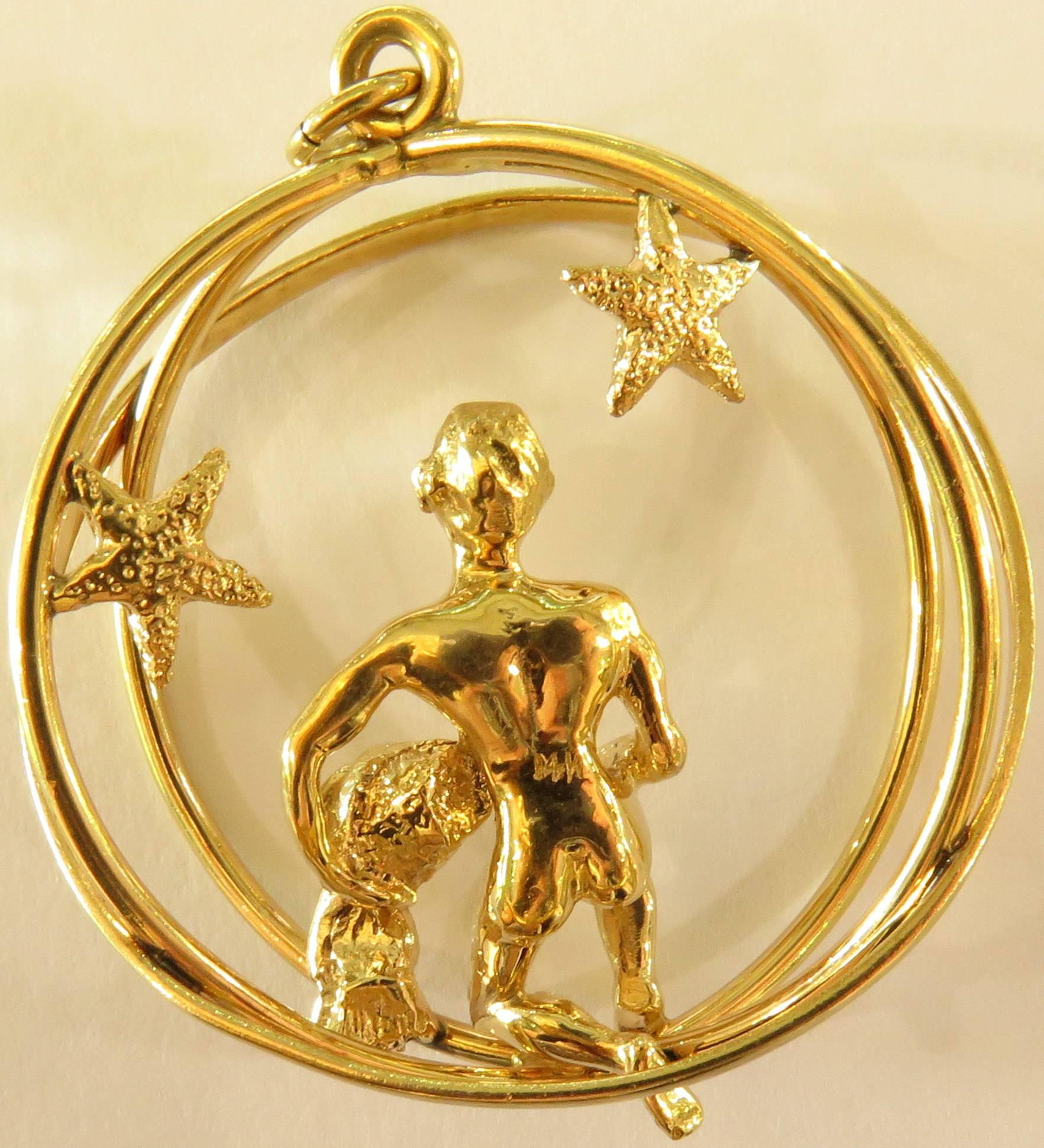 Women's or Men's Large Aquarius 3D Nude Male with Three Spheres Gold Pendant Charm