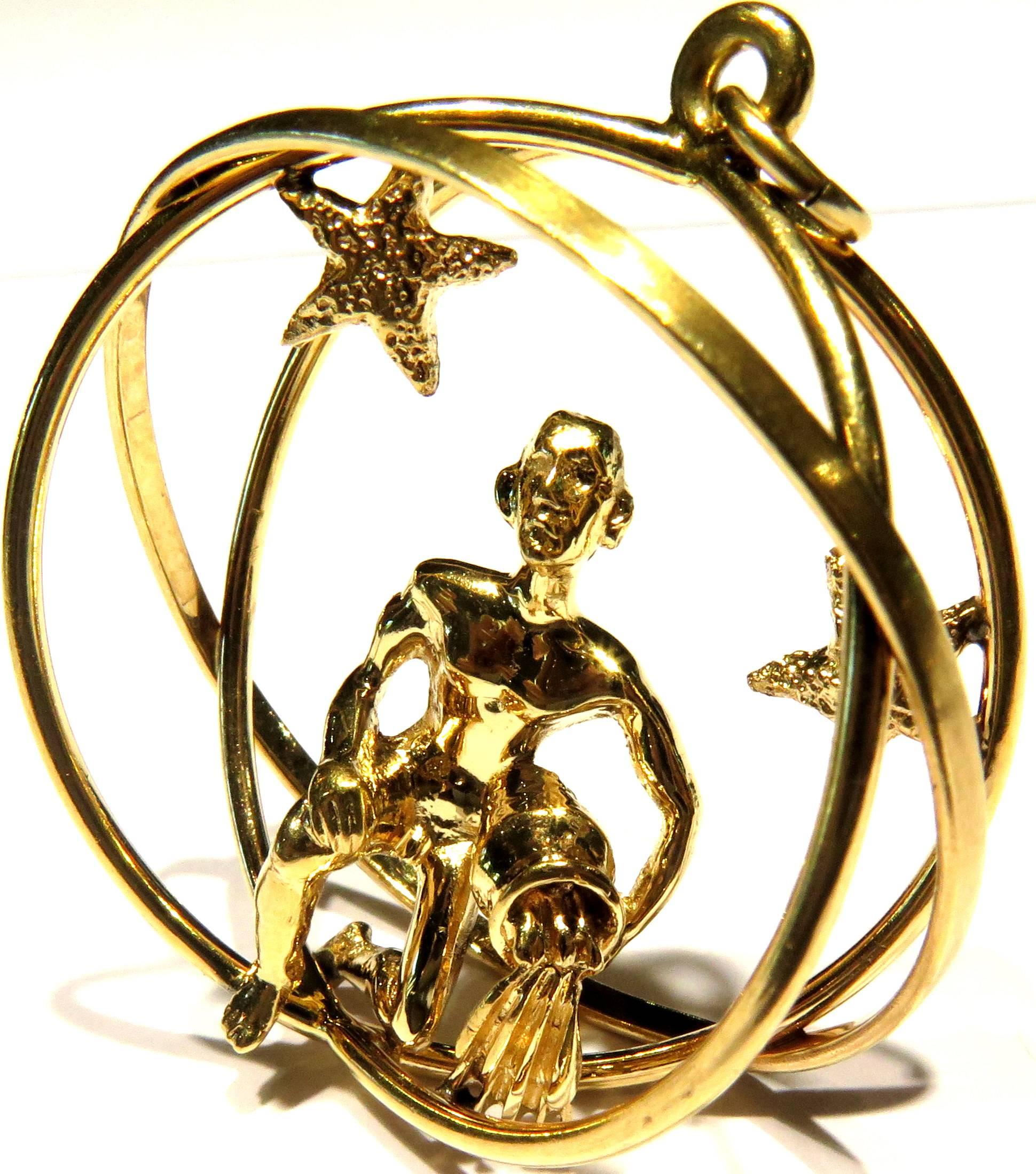 Large Aquarius 3D Nude Male with Three Spheres Gold Pendant Charm 3