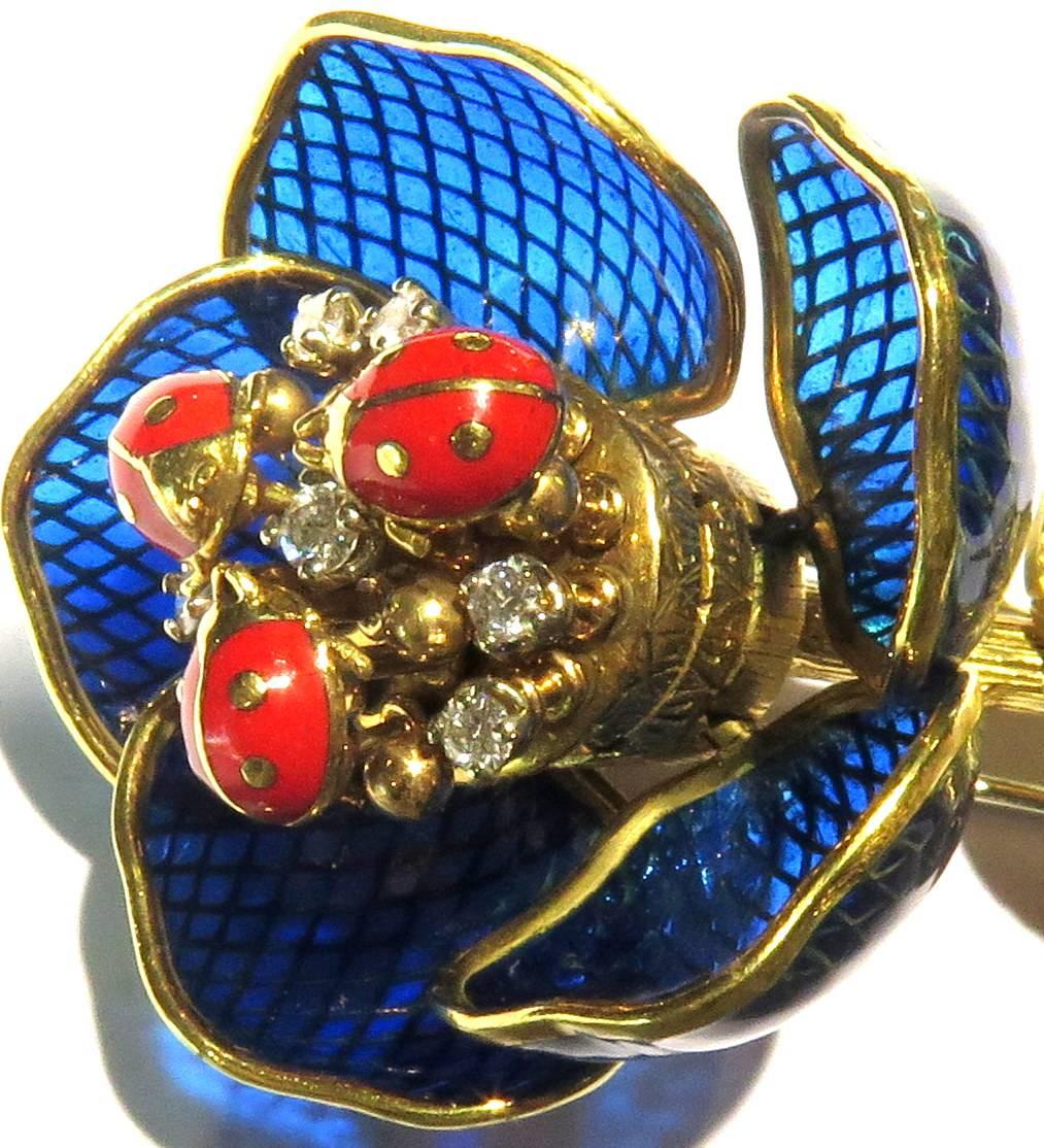French Ladybug Plique a Jour Enamel En Tremblant Diamond Gold Pin 2