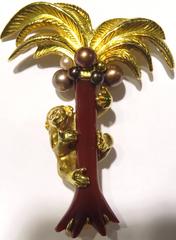 Signed Monkey Climbing Palm Tree With Diamond Eyes and Pearl Cocoanuts Brooch