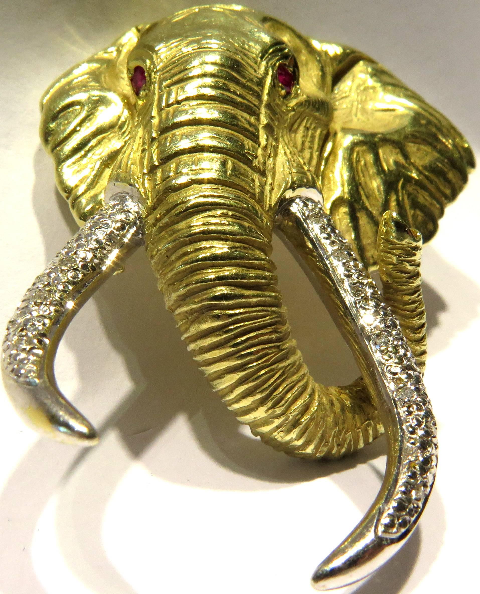 Women's or Men's Joao Elephant Realistically Detailed Large Ruby Diamond Gold  Pin Pendant
