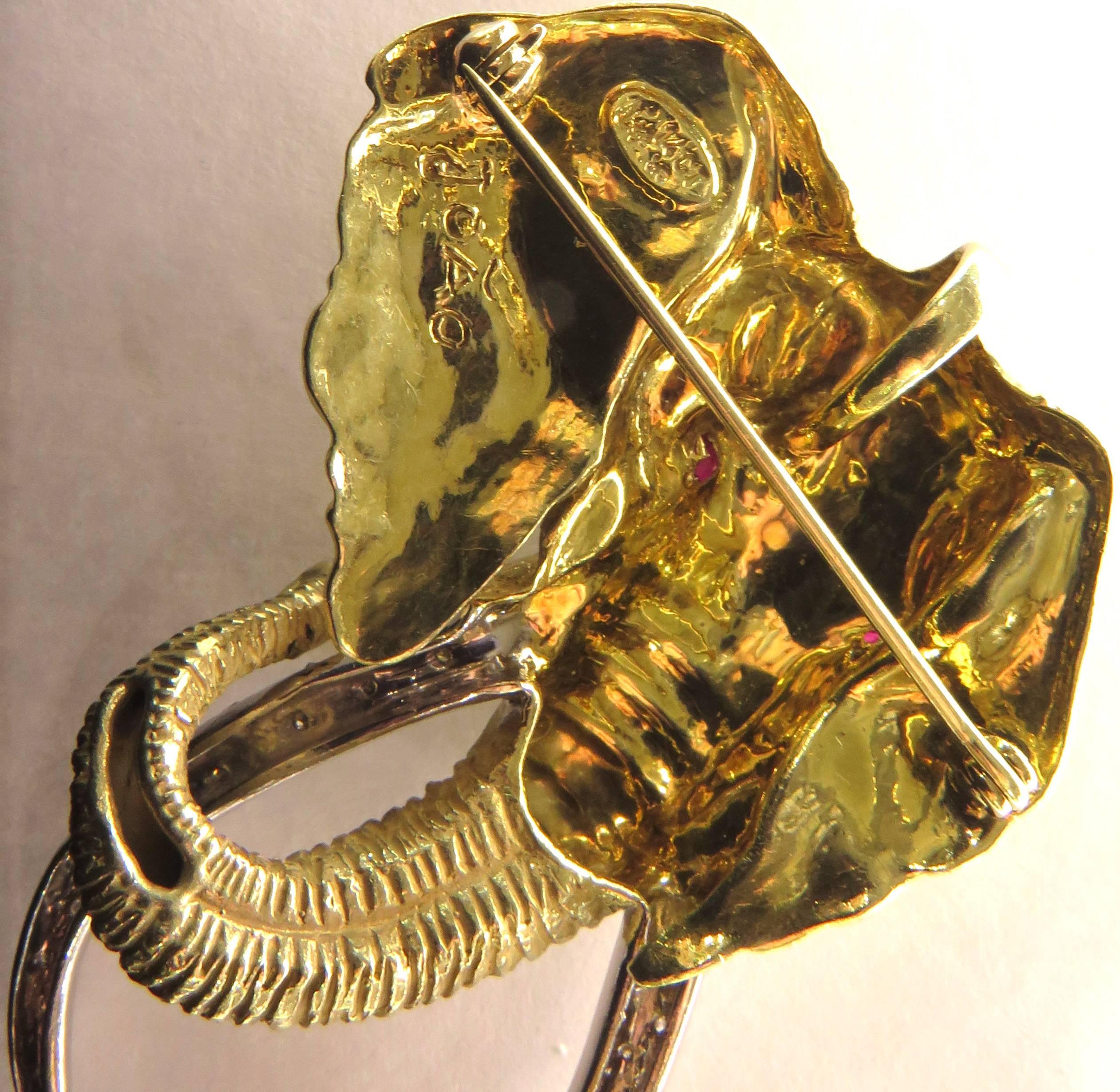 Joao Elephant Realistically Detailed Large Ruby Diamond Gold  Pin Pendant 3