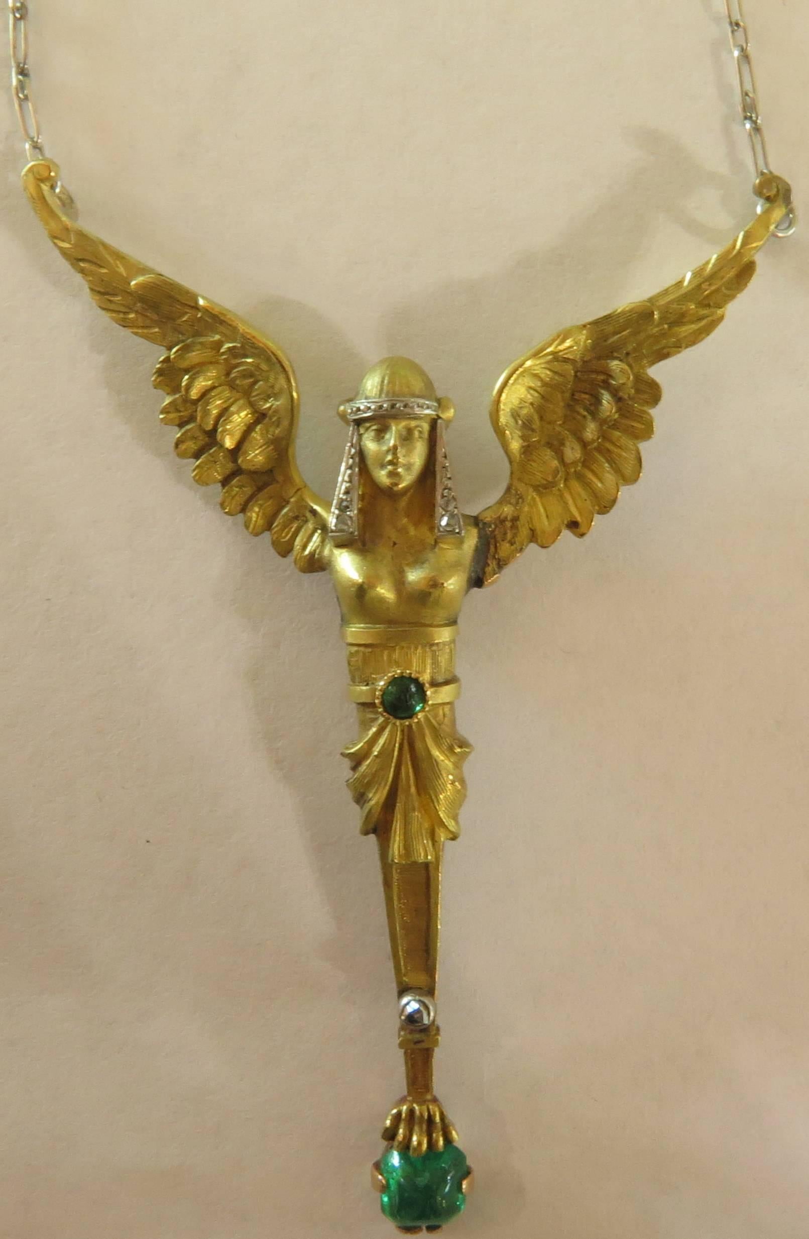 Women's Egyptian Revival Emerald Diamond Gold Platinum Winged Woman Necklace For Sale