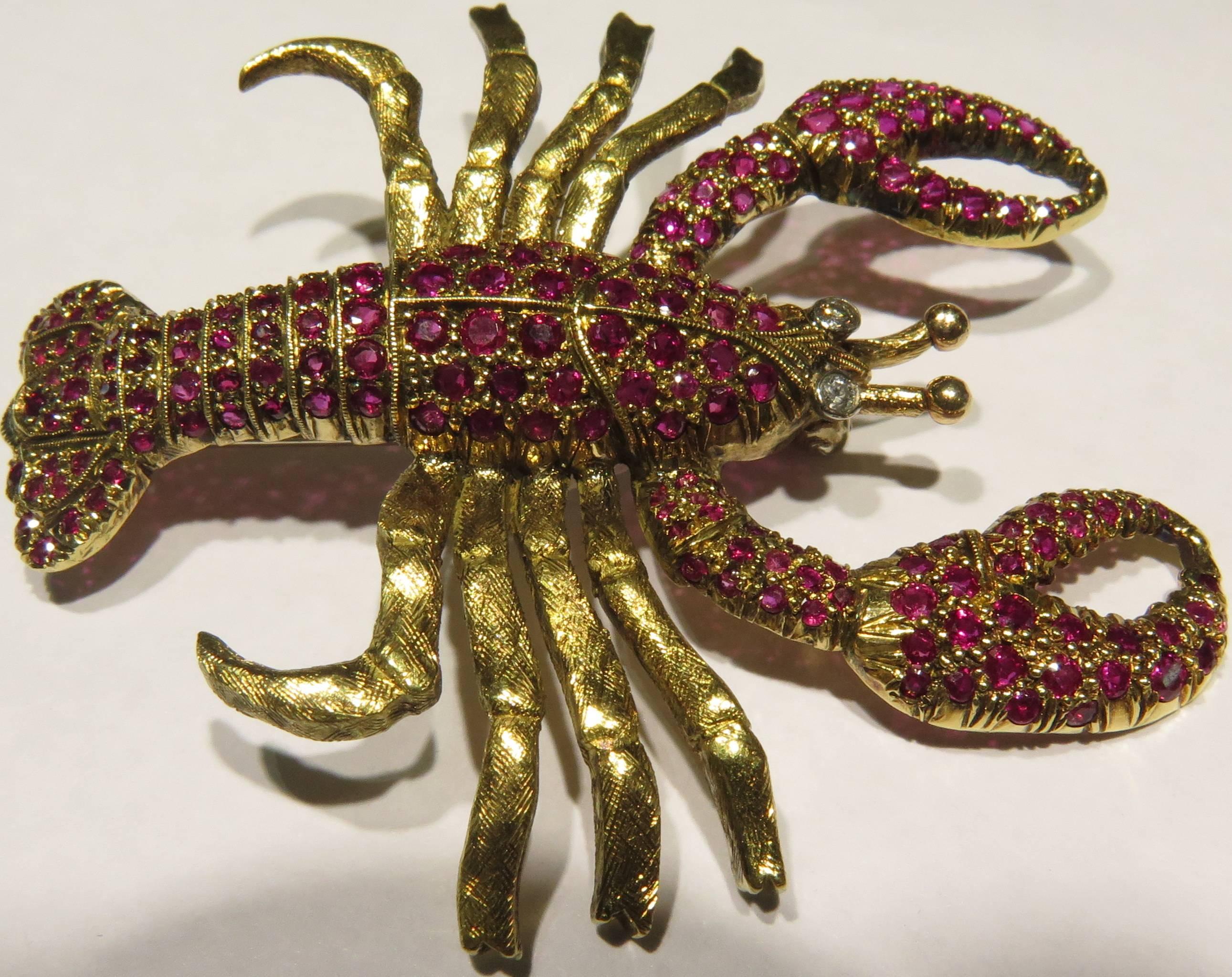Deliciously Wearable Ruby Diamond Gold Lobster Pin  In Excellent Condition In Palm Beach, FL