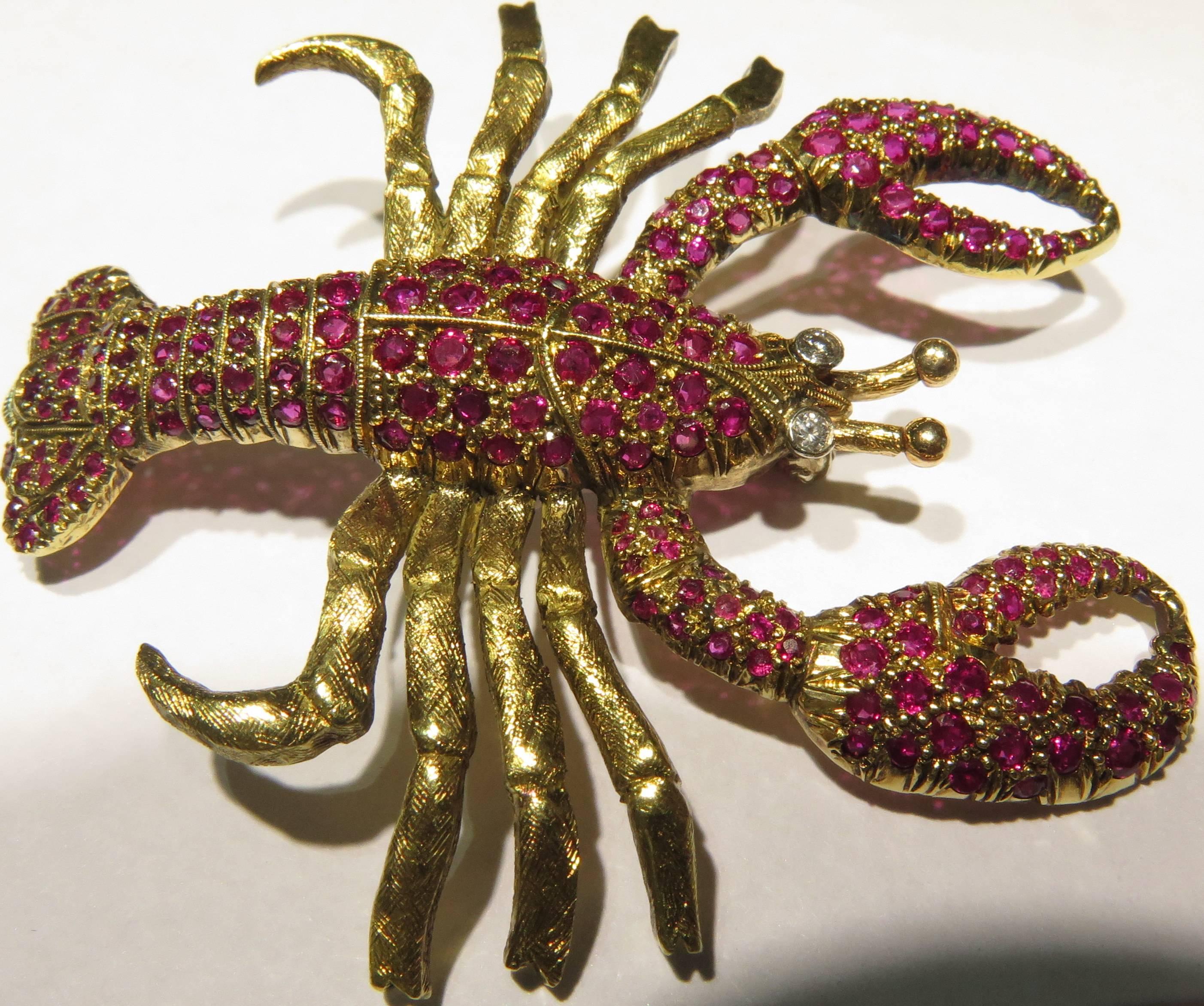 Women's or Men's Deliciously Wearable Ruby Diamond Gold Lobster Pin 