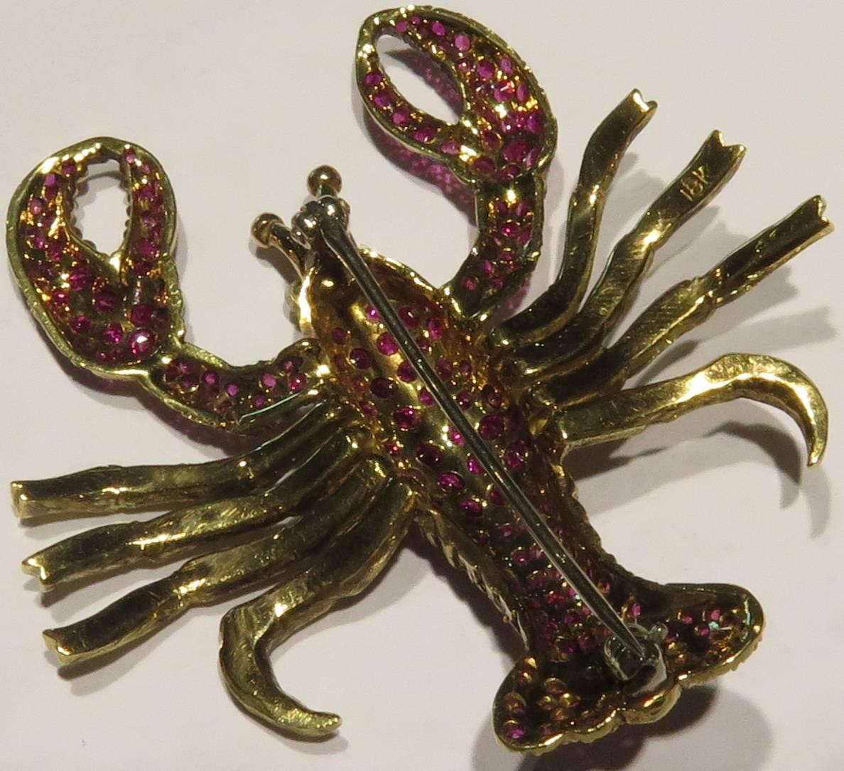 Deliciously Wearable Ruby Diamond Gold Lobster Pin  1