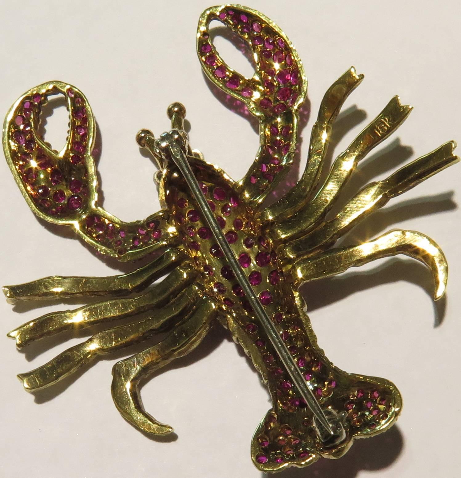 Deliciously Wearable Ruby Diamond Gold Lobster Pin  2