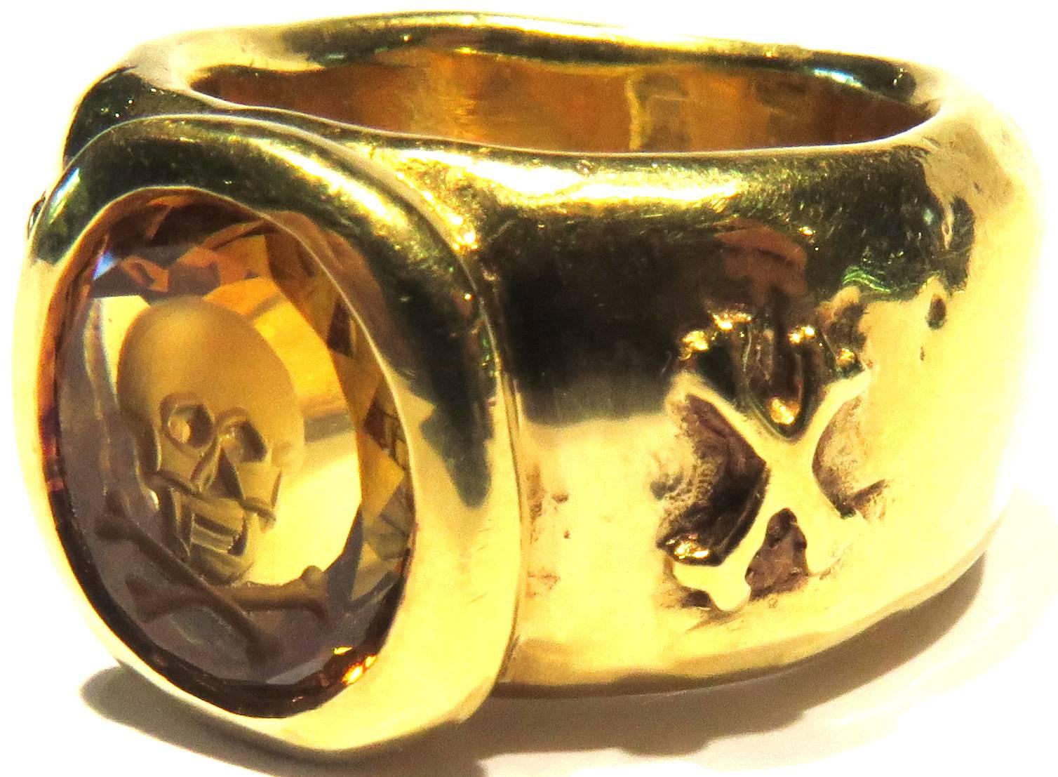 Loree Rodkin Carved Citrine Skull and Crossbones Large Heavy Band Ring In Excellent Condition In Palm Beach, FL