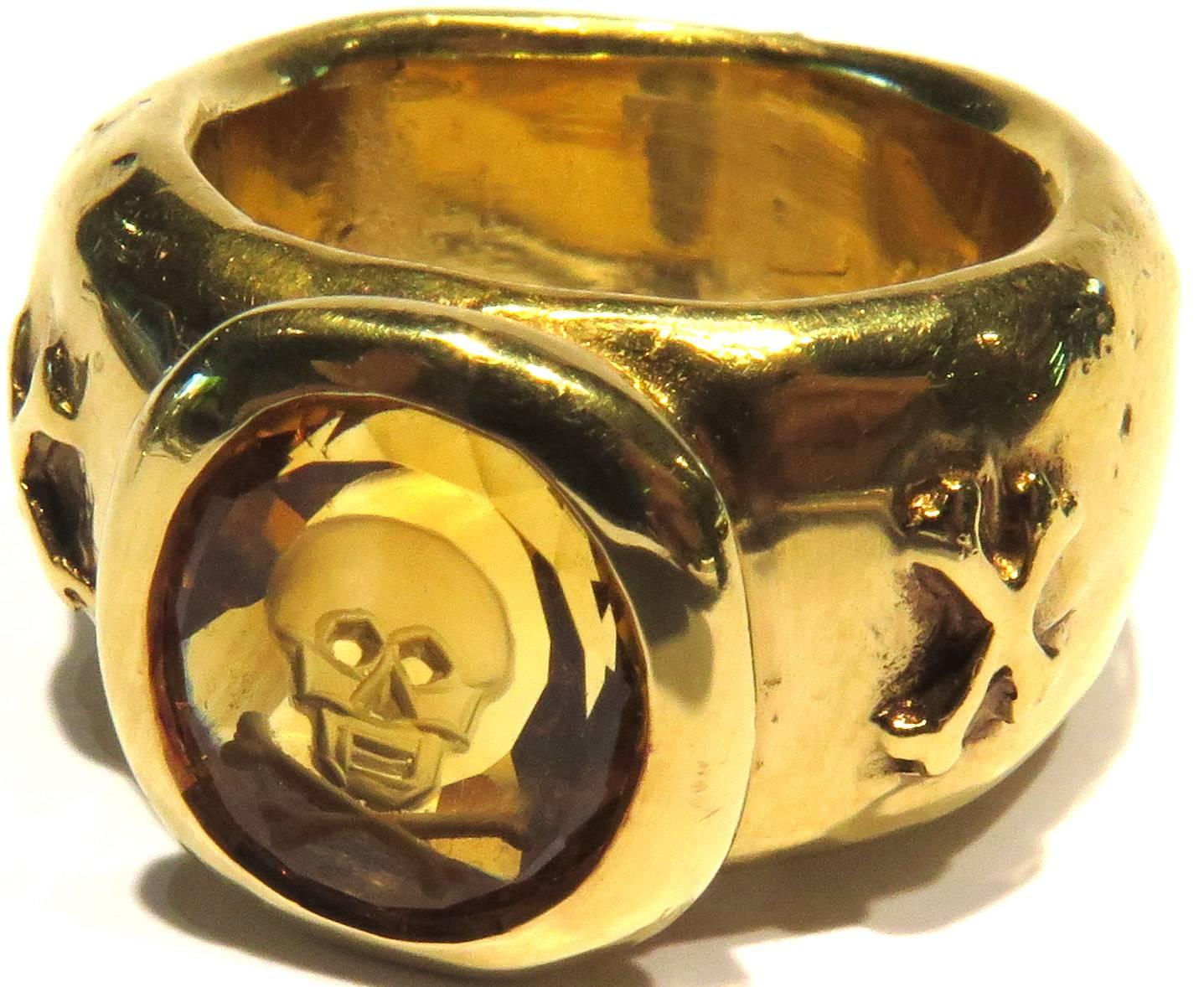 Women's or Men's Loree Rodkin Carved Citrine Skull and Crossbones Large Heavy Band Ring