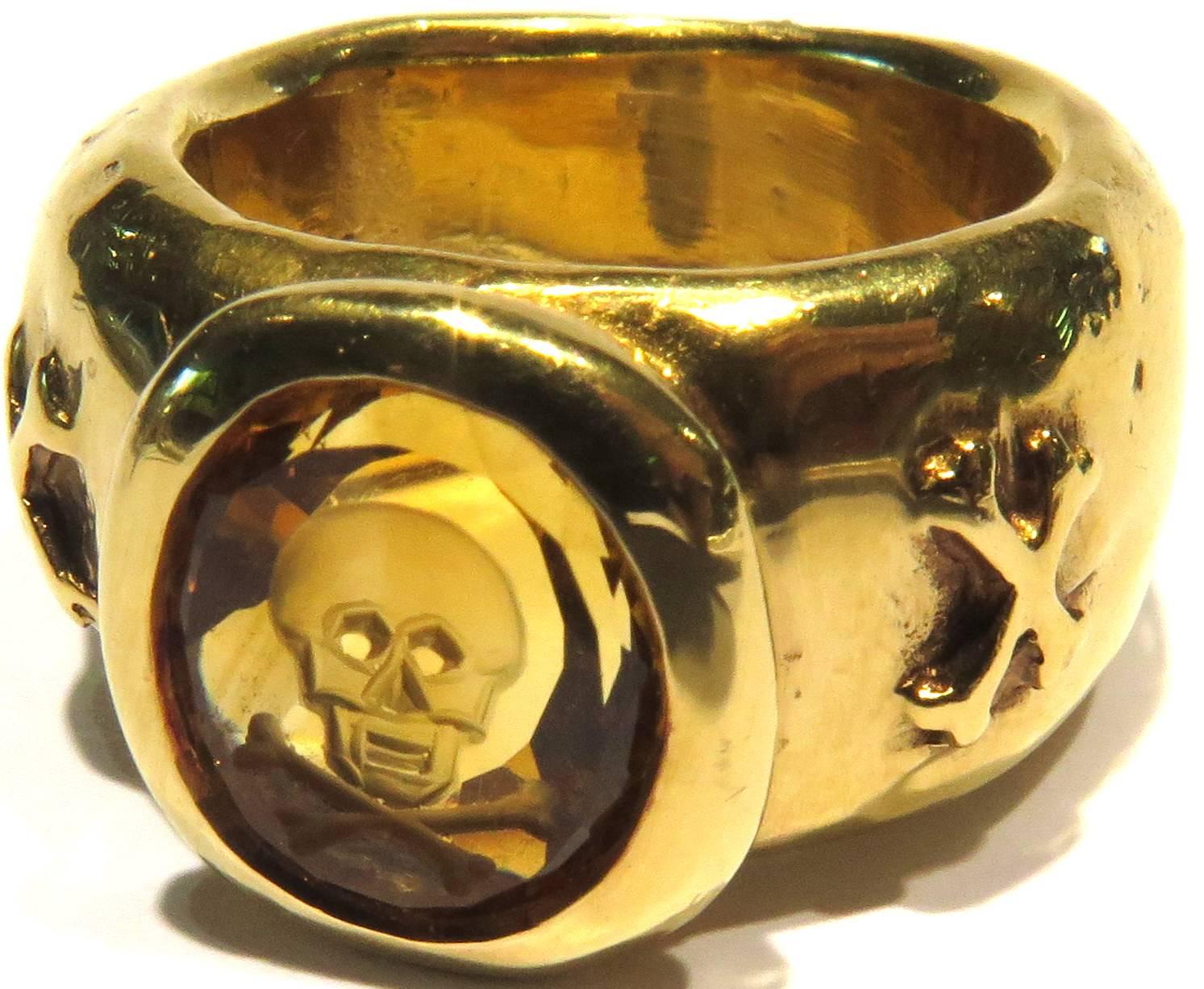 Loree Rodkin Carved Citrine Skull and Crossbones Large Heavy Band Ring 4