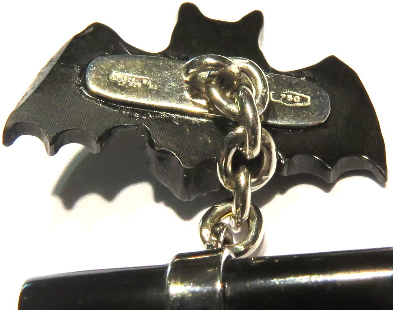 Bat Cufflinks White Gold Italian With Hand Carved Onyx Bats In Excellent Condition In Palm Beach, FL