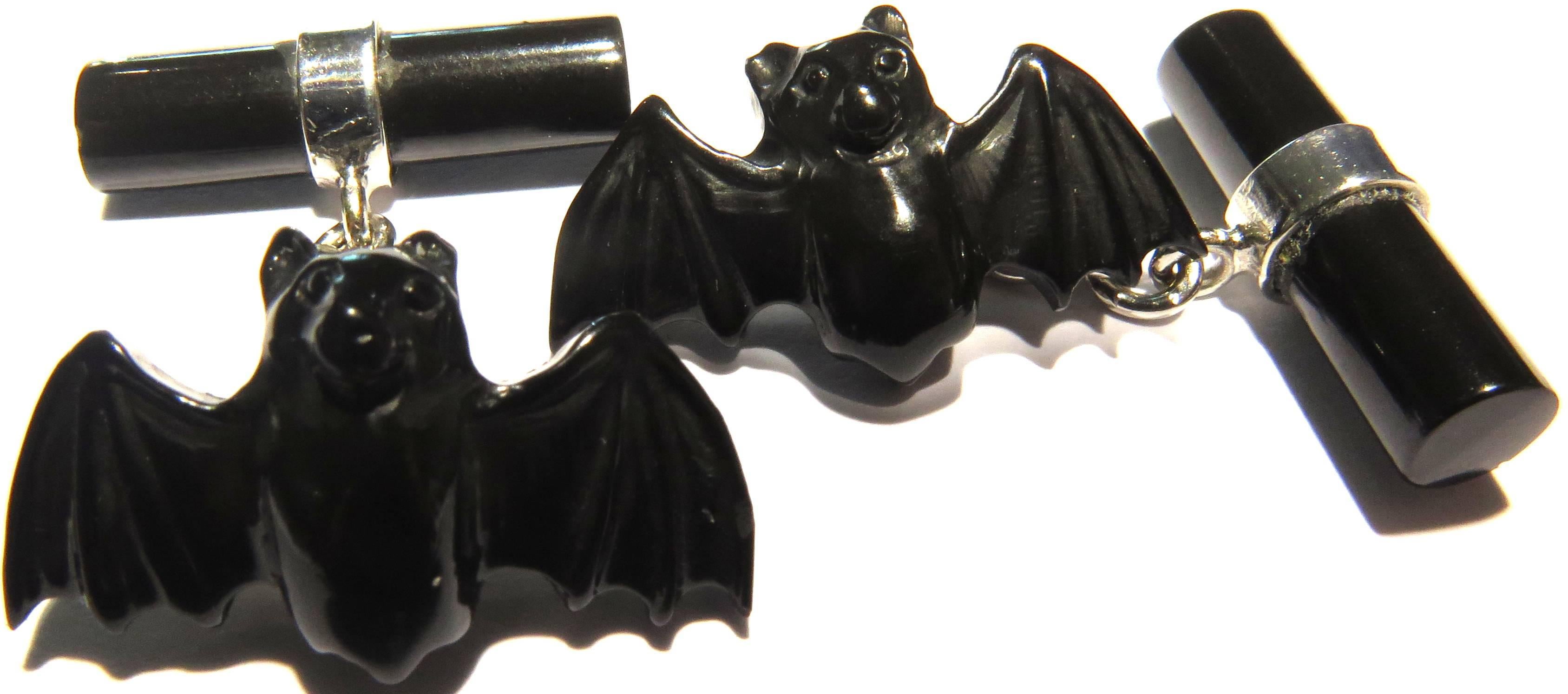 Women's or Men's Bat Cufflinks White Gold Italian With Hand Carved Onyx Bats