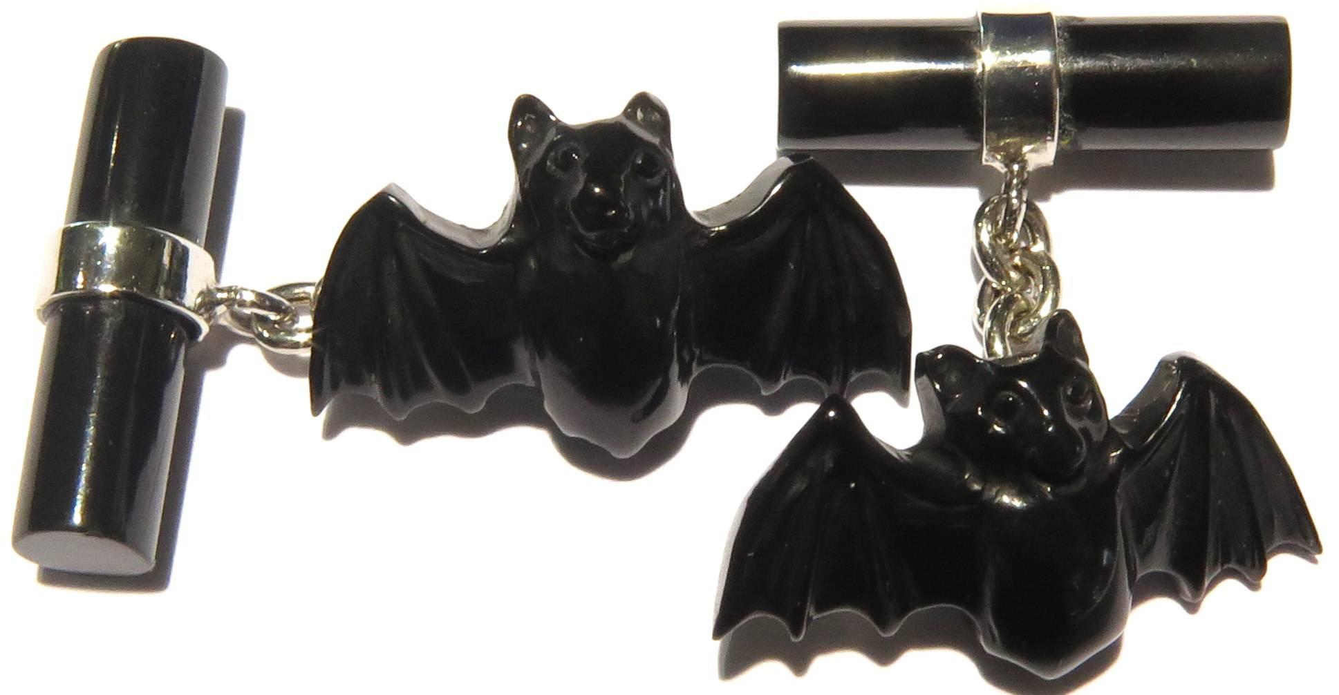 Bat Cufflinks White Gold Italian With Hand Carved Onyx Bats 1
