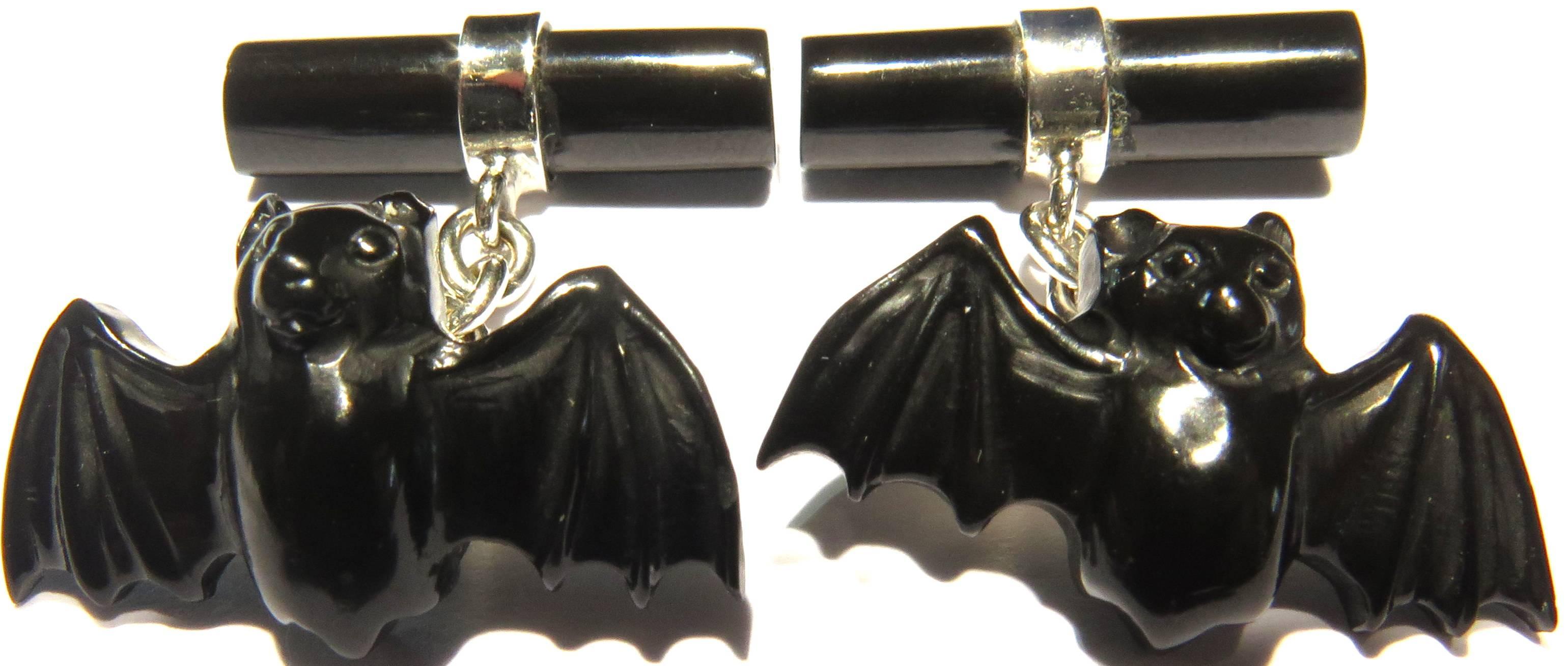 Bat Cufflinks White Gold Italian With Hand Carved Onyx Bats 2