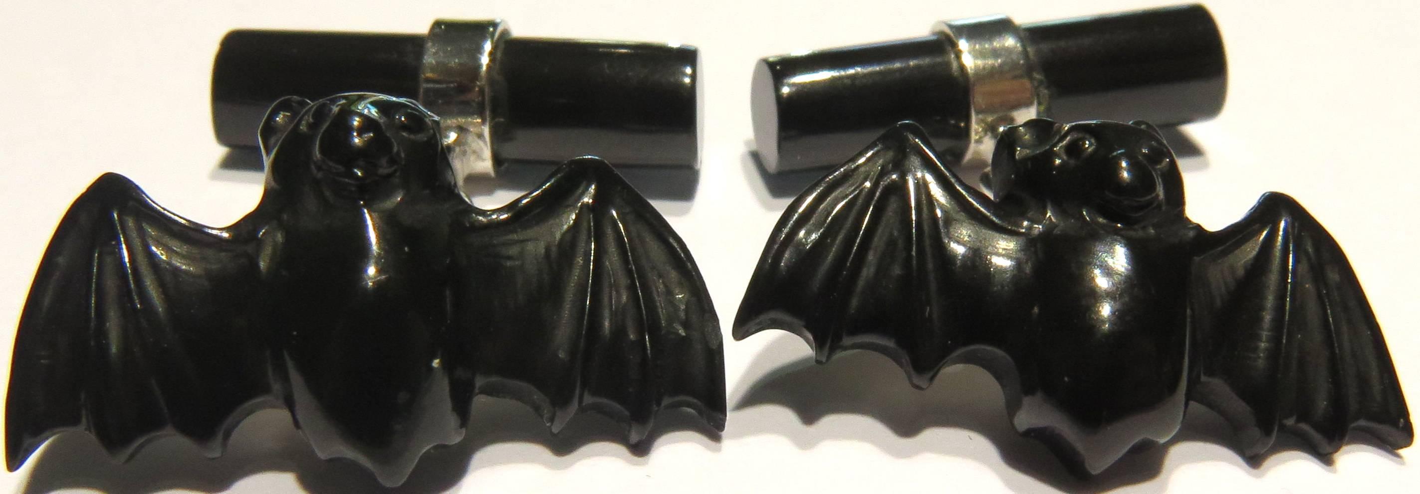 Bat Cufflinks White Gold Italian With Hand Carved Onyx Bats 3