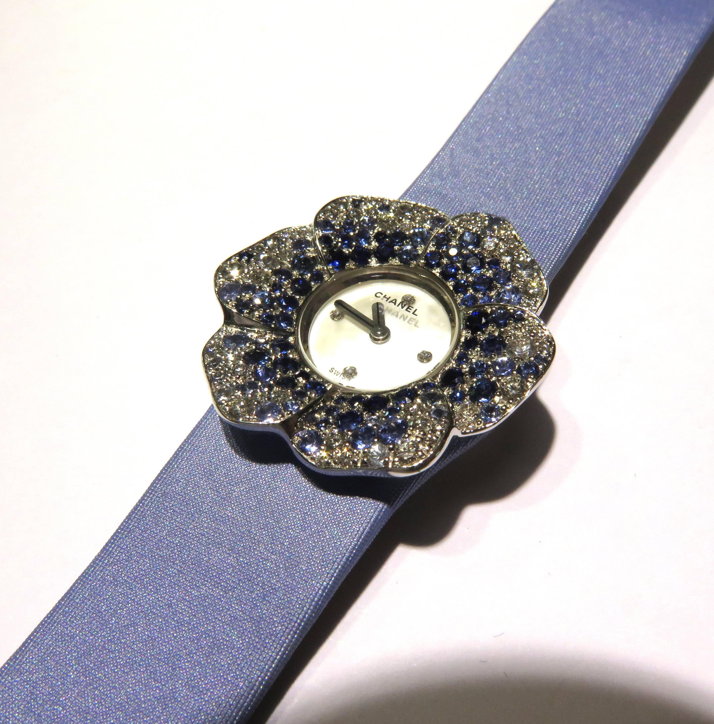 Chanel Camellia Diamond Sapphire Flower Watch  In Excellent Condition In Palm Beach, FL