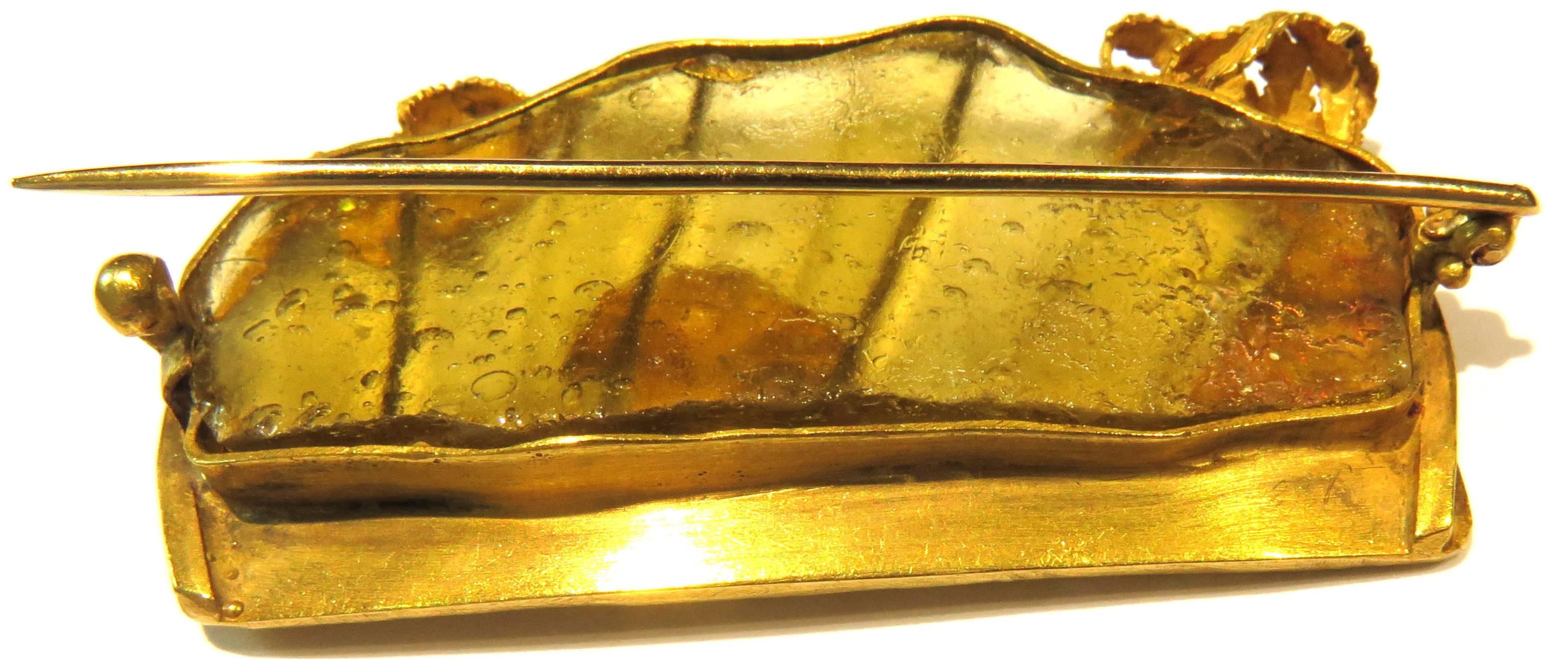 Rare Egyptian Sphinx Ancient Glass Gold Brooch In Excellent Condition In Palm Beach, FL