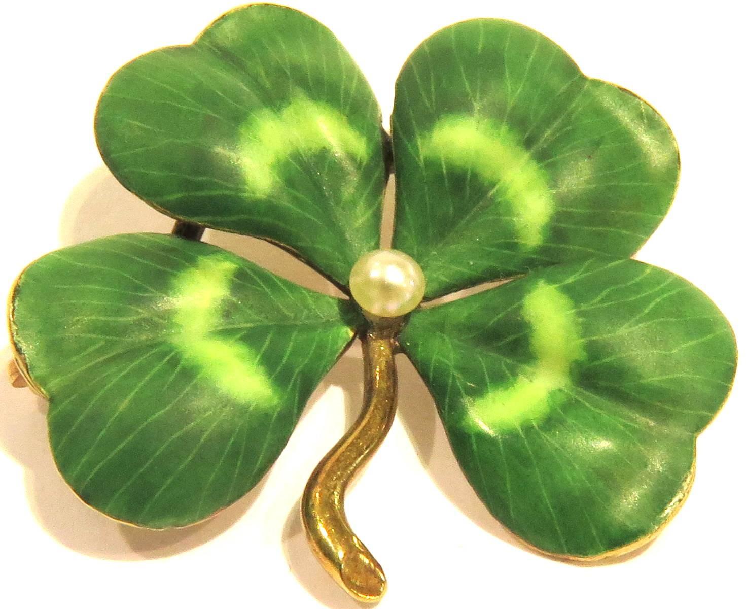 Art Deco Enamel Four-Leaf Clover Pin With Natural Pearl Center 1