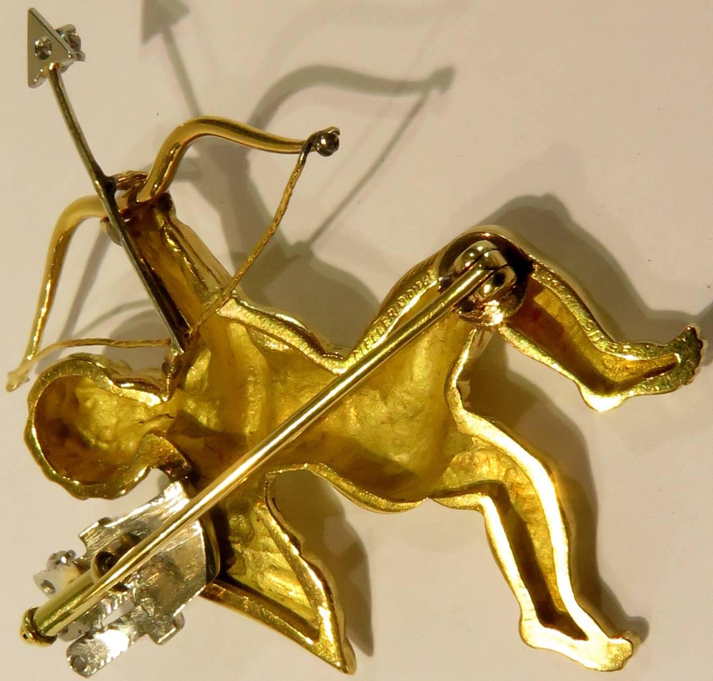 Mellerio French Cherub Gold Cupid Pin with Diamond Arrows In Excellent Condition In Palm Beach, FL