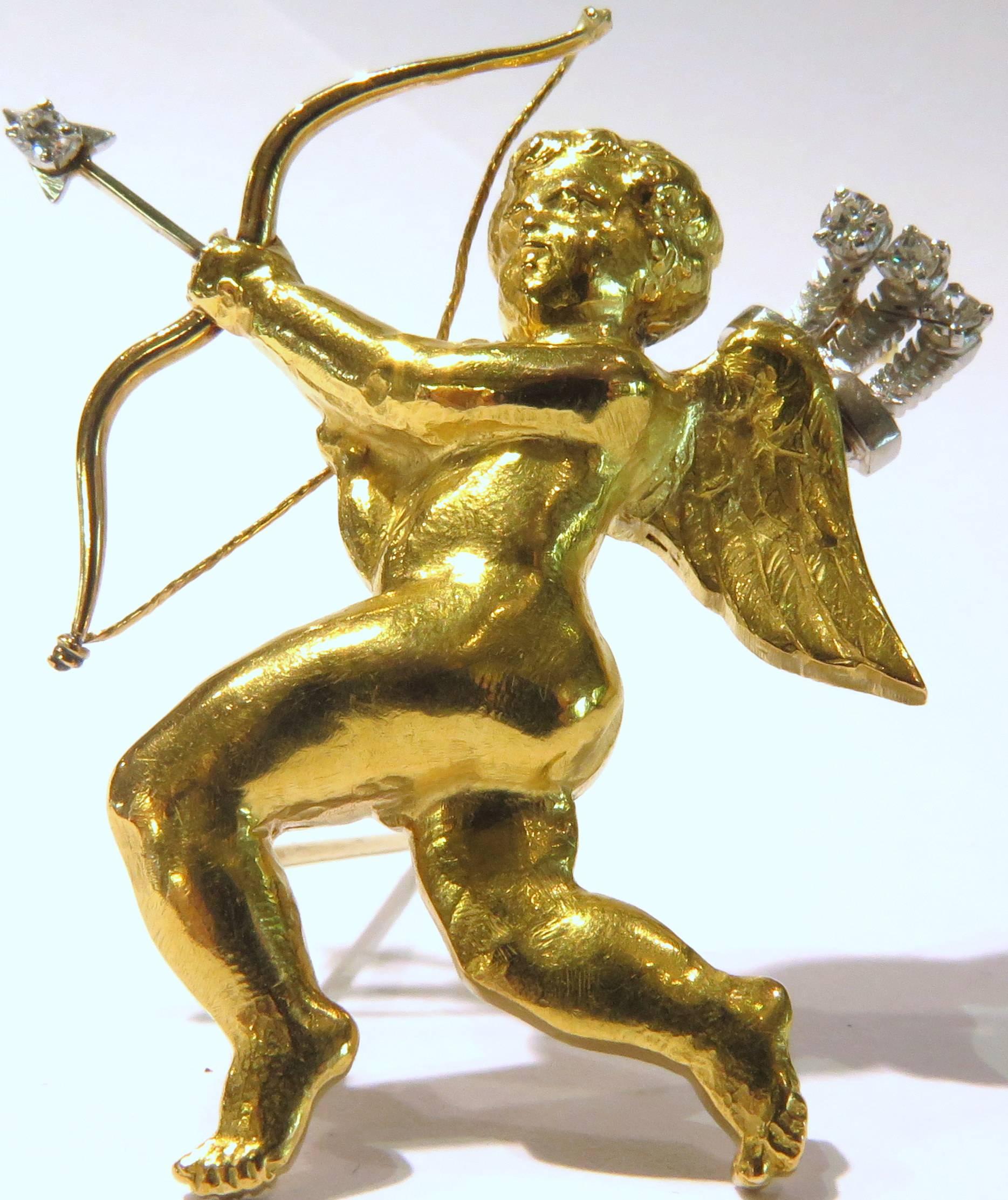Women's or Men's Mellerio French Cherub Gold Cupid Pin with Diamond Arrows