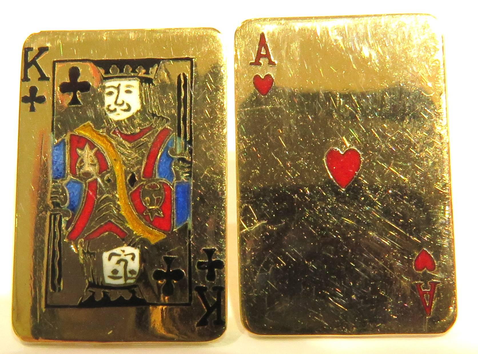 These French Enamel playing card earrings are just so much fun to wear. Each one has a french hallmark stamped in the back. The enamel is in very good condition. There are wear scratches throughout, but not noticeable when on the ear.  I'm afraid to