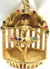 Large Ballerina Multi Gemstones Gold Charm Pendant Large